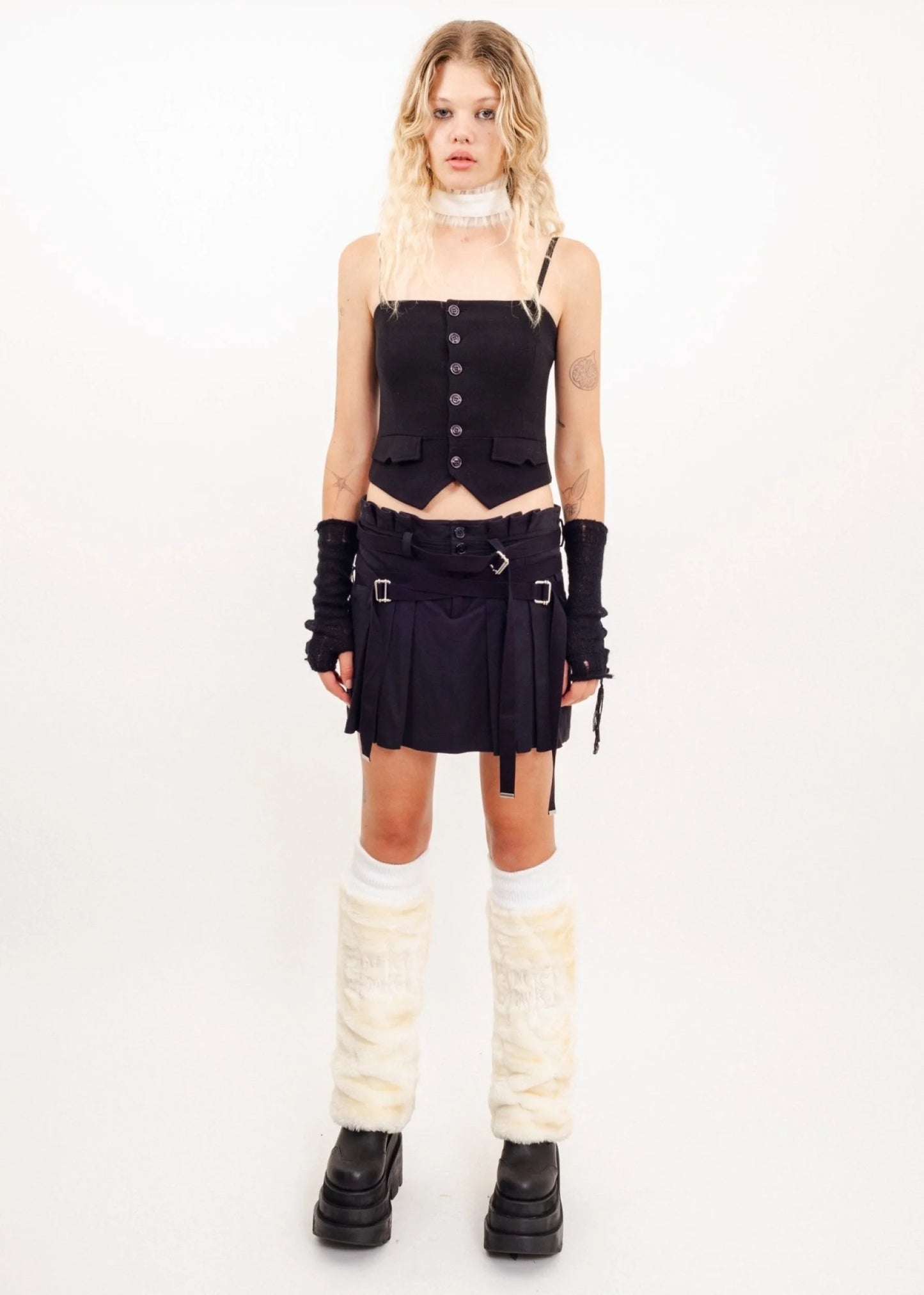 Diesel Black Gold Pleated mini skirt with bondage strap detailing