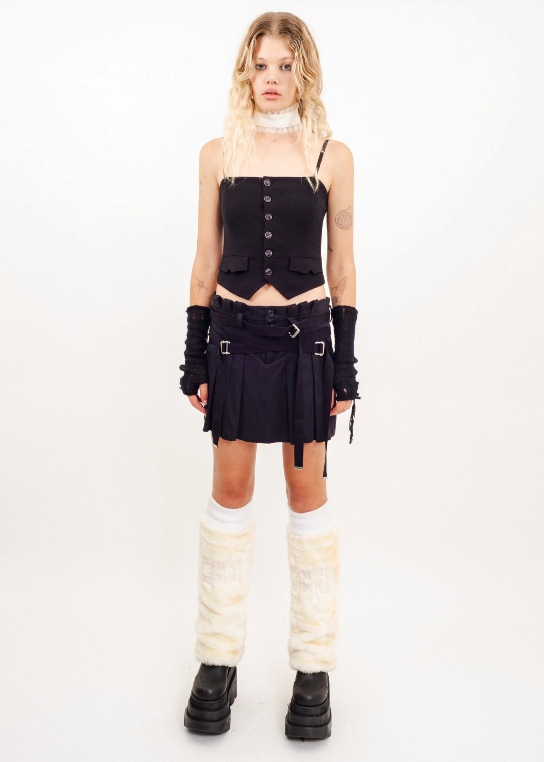 Diesel Black Gold Pleated mini skirt with bondage strap detailing