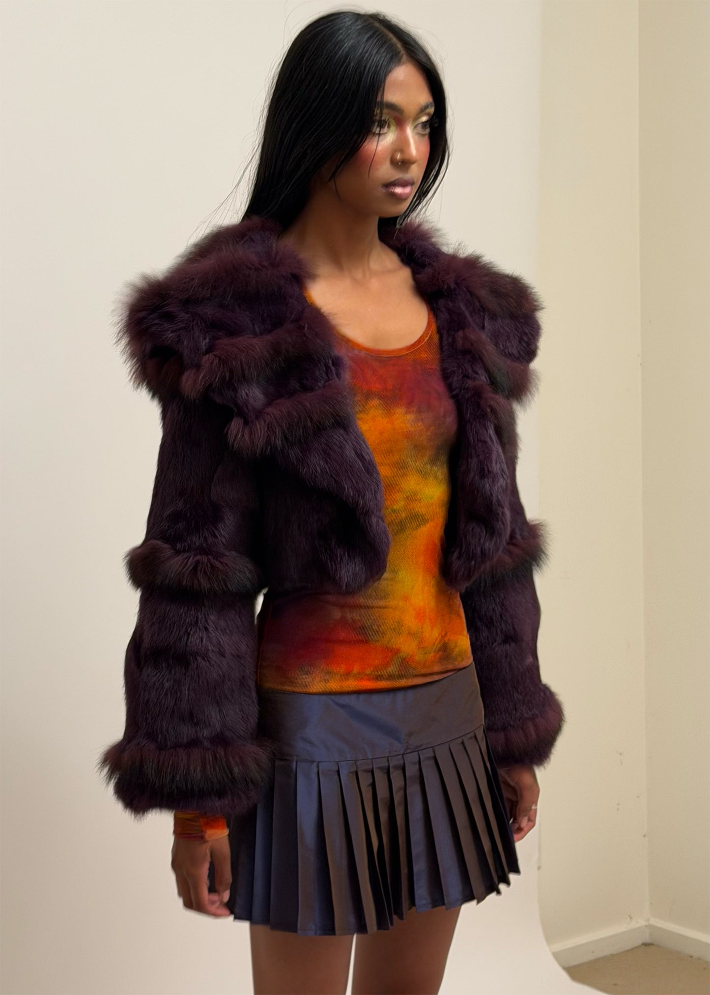 Purple cropped fur jacket