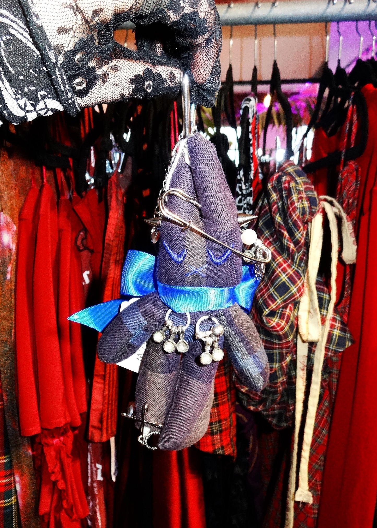 Plushie bunny key ring- dark purple tartan