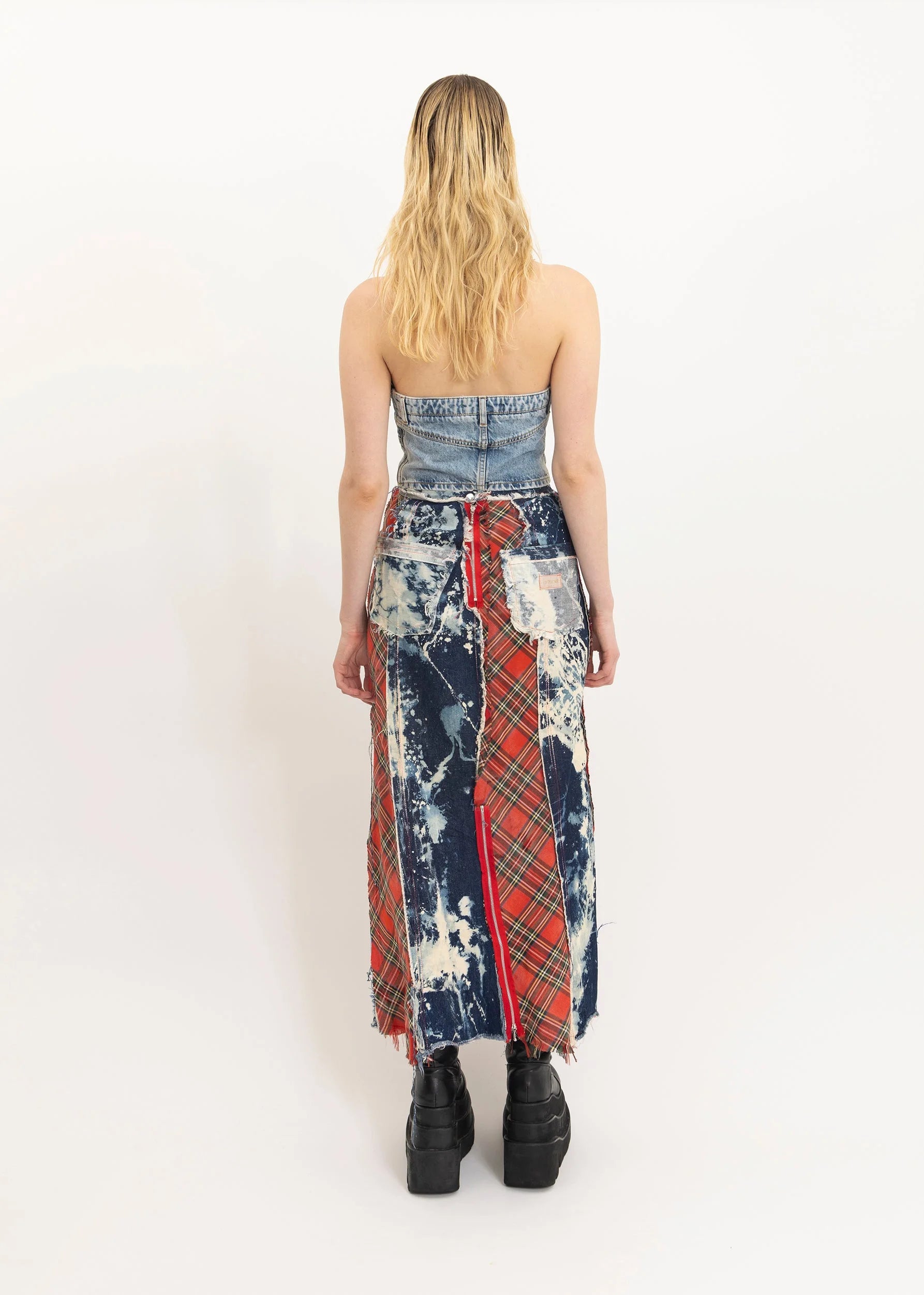 Sexy Dynamite Reconstructed bleached denim/ tartan maxi skirt