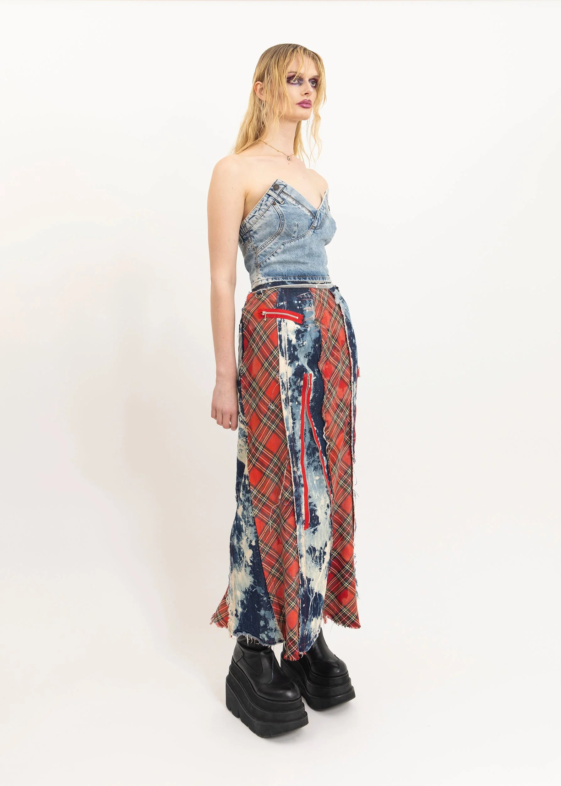 Sexy Dynamite Reconstructed bleached denim/ tartan maxi skirt