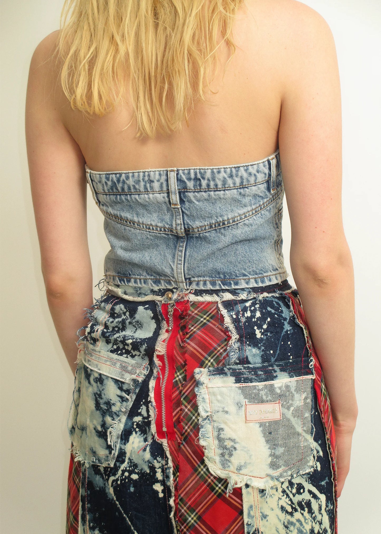 Sexy Dynamite Reconstructed bleached denim/ tartan maxi skirt