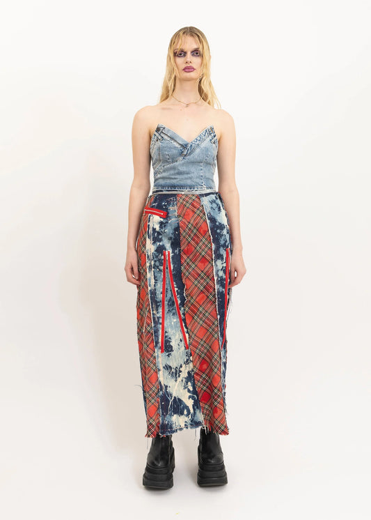 Sexy Dynamite Reconstructed bleached denim/ tartan maxi skirt