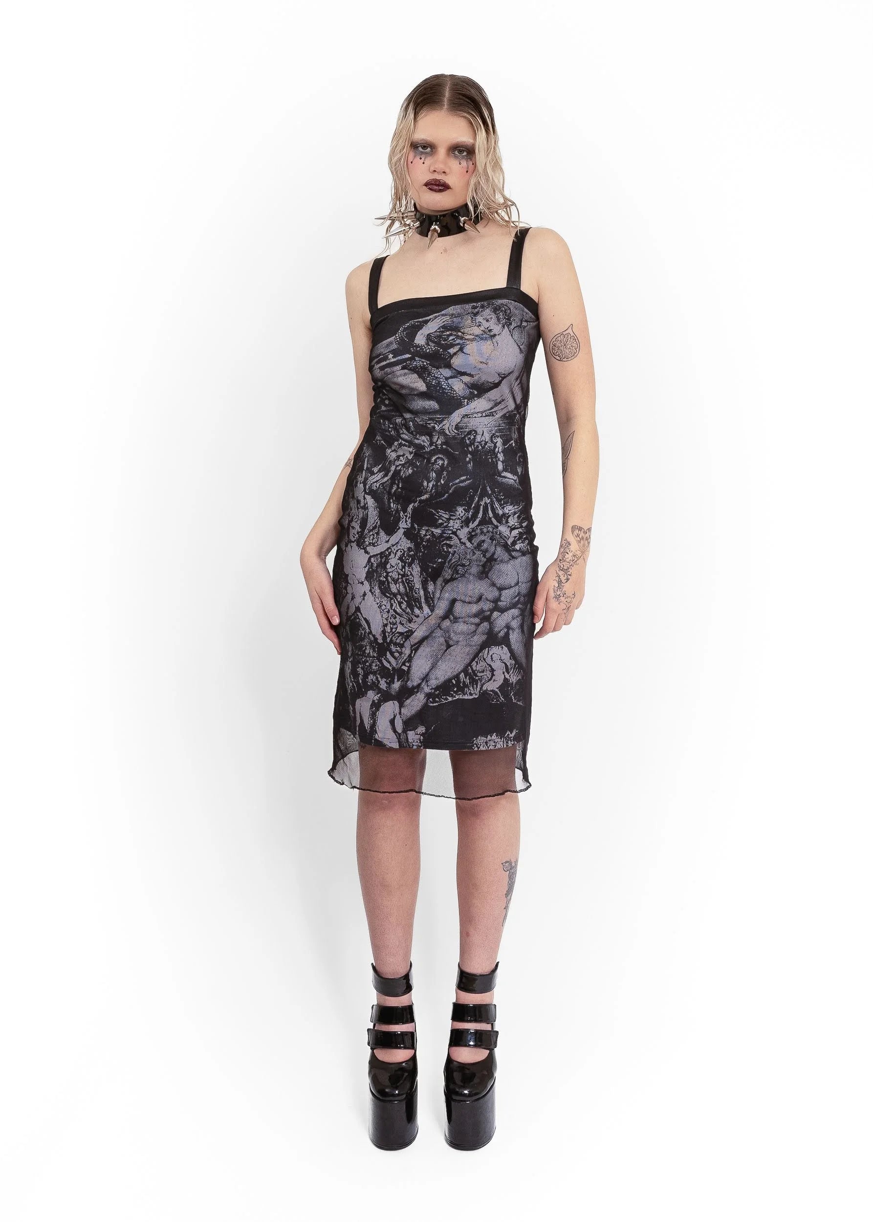 Virus Religious iconography print mesh overlay dress