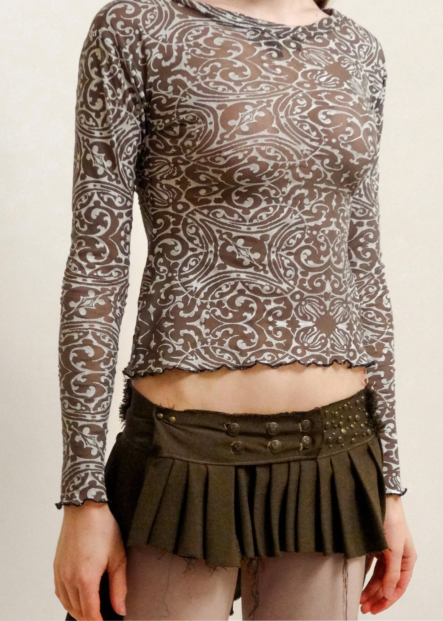 Ornate/ Filigree Screen Printed Mesh Top