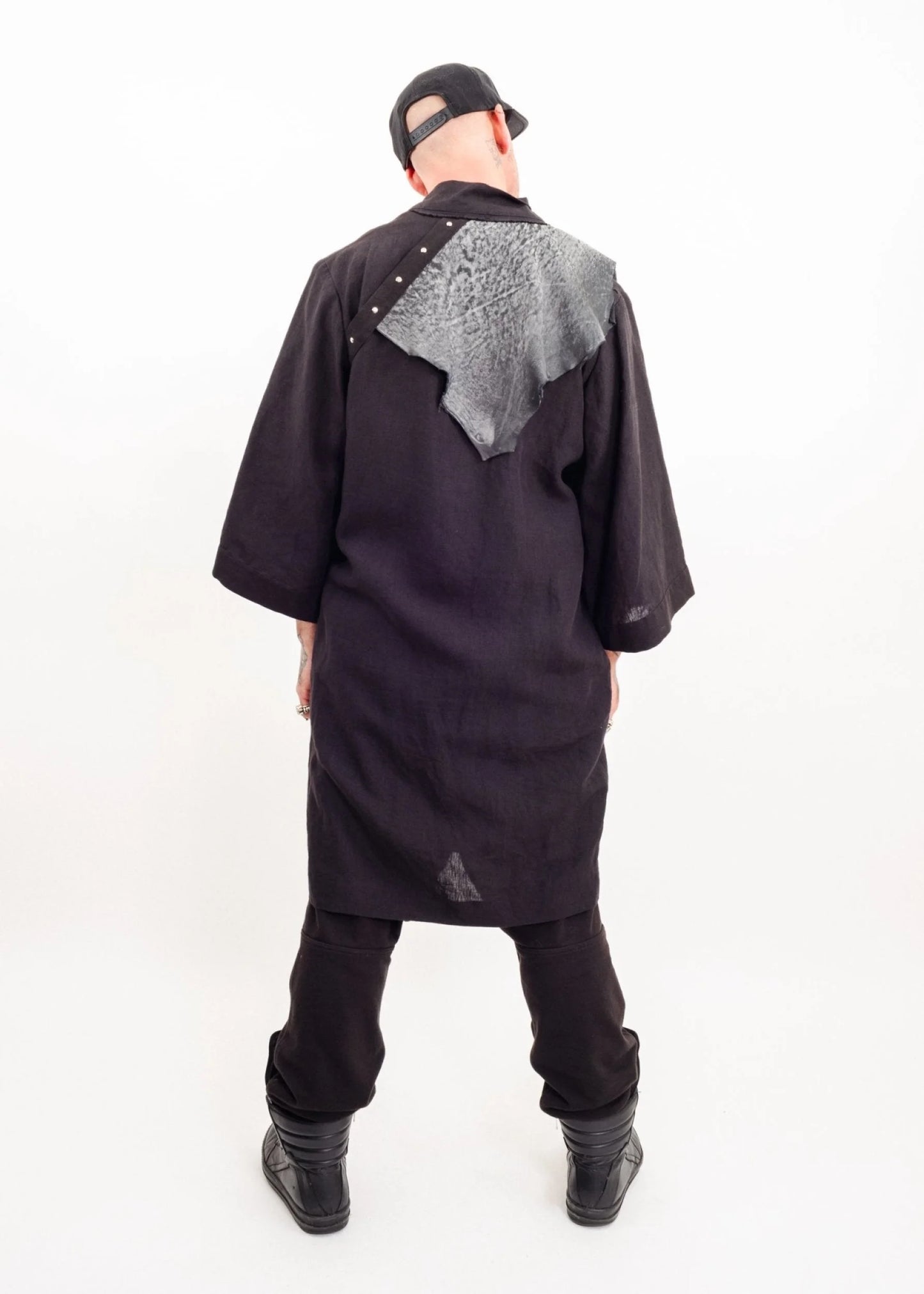 Depth of Scye Selvedge Longline Jacket- linen/ leather