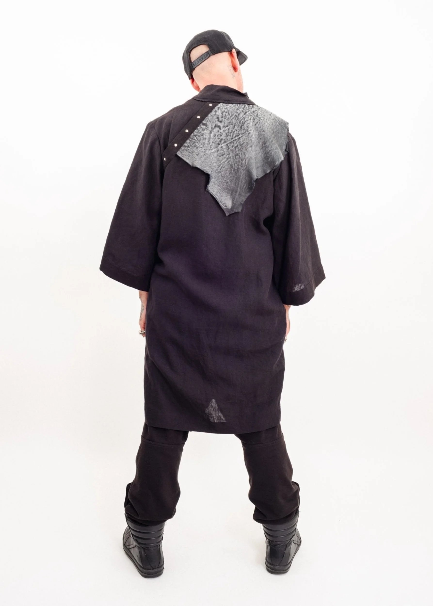 Depth of Scye Selvedge Longline Jacket- linen/ leather