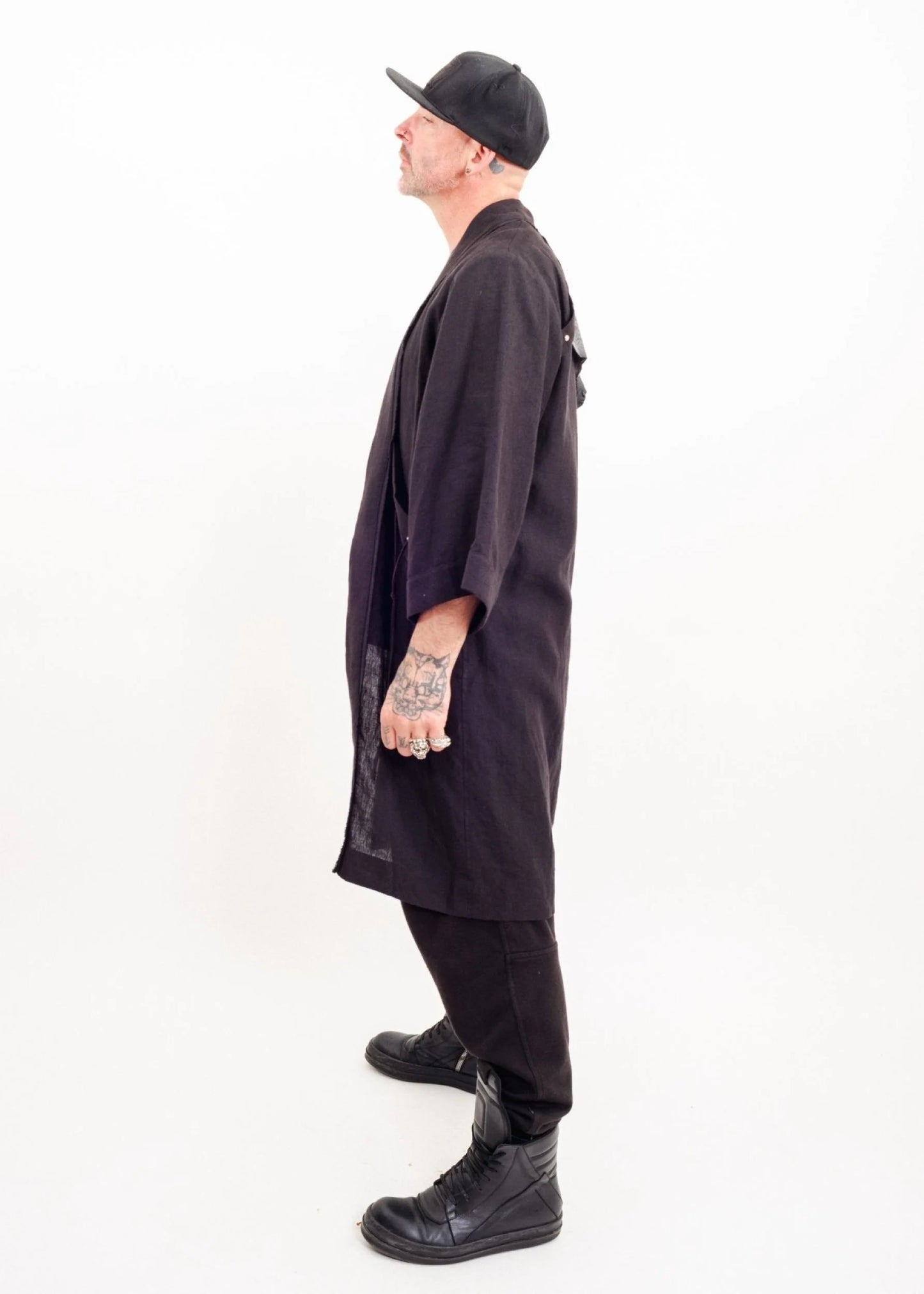 Depth of Scye Selvedge Longline Jacket- linen/ leather