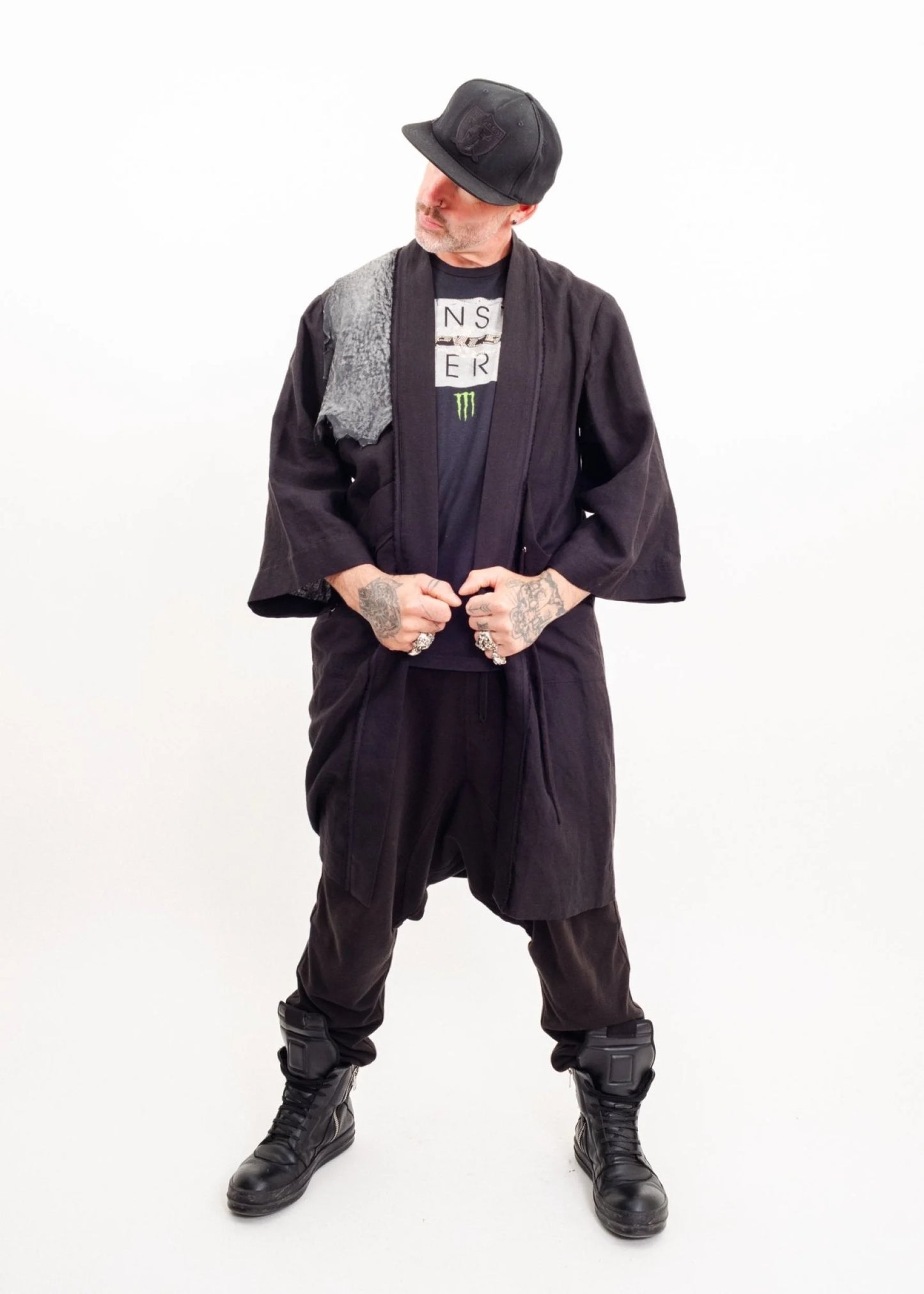 Depth of Scye Selvedge Longline Jacket- linen/ leather