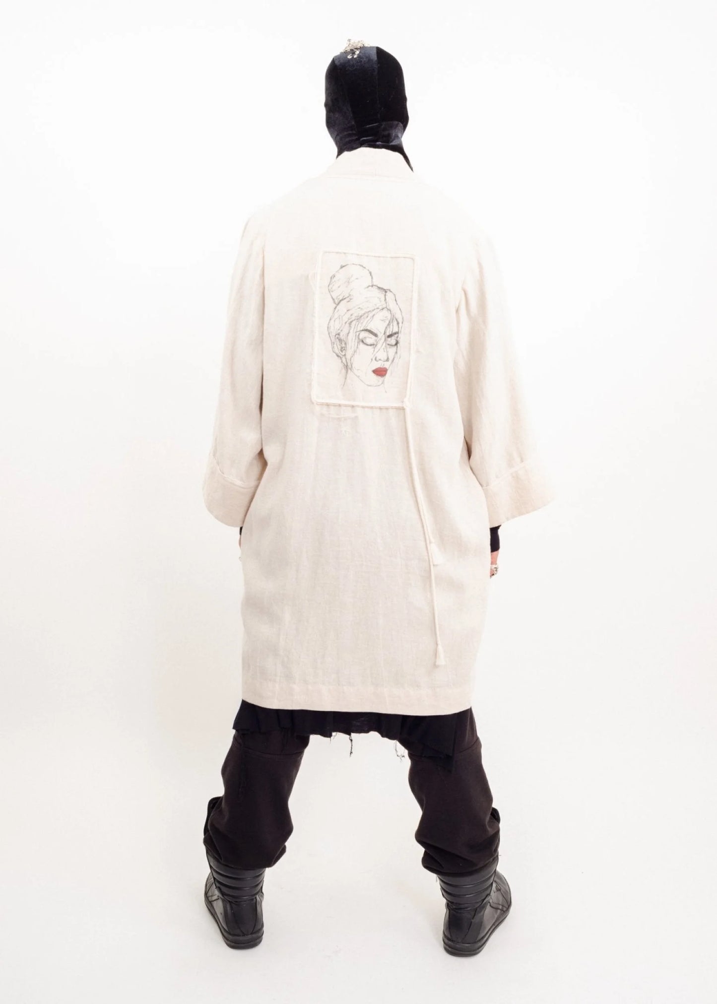 Depth of Scye Selvedge Longline Jacket- linen with graphic print