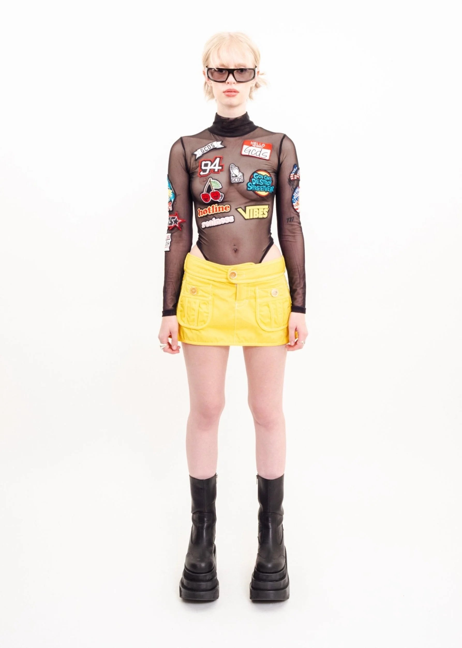 GCDS Sheer mesh bodysuit with patch detailing