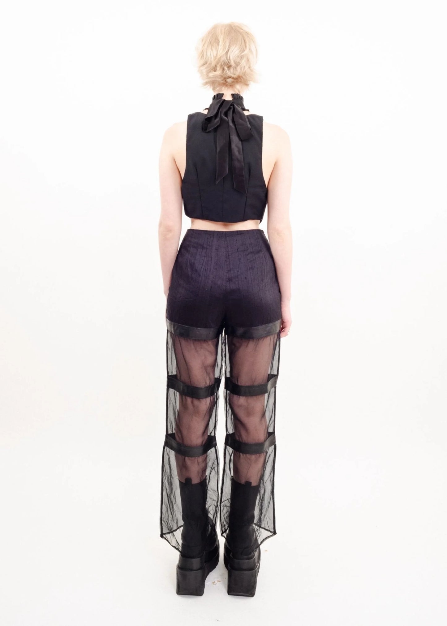 Bizarre Bazaar Sheer wide leg silk pants with leather accents