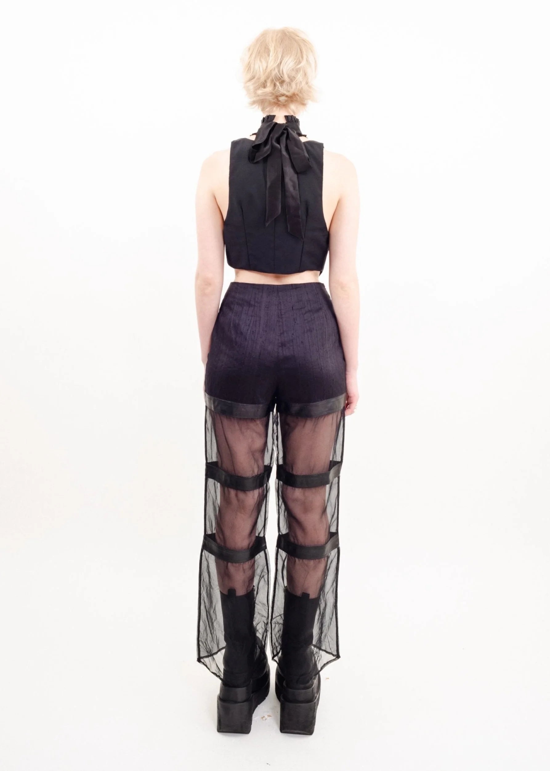 Bizarre Bazaar Sheer wide leg silk pants with leather accents