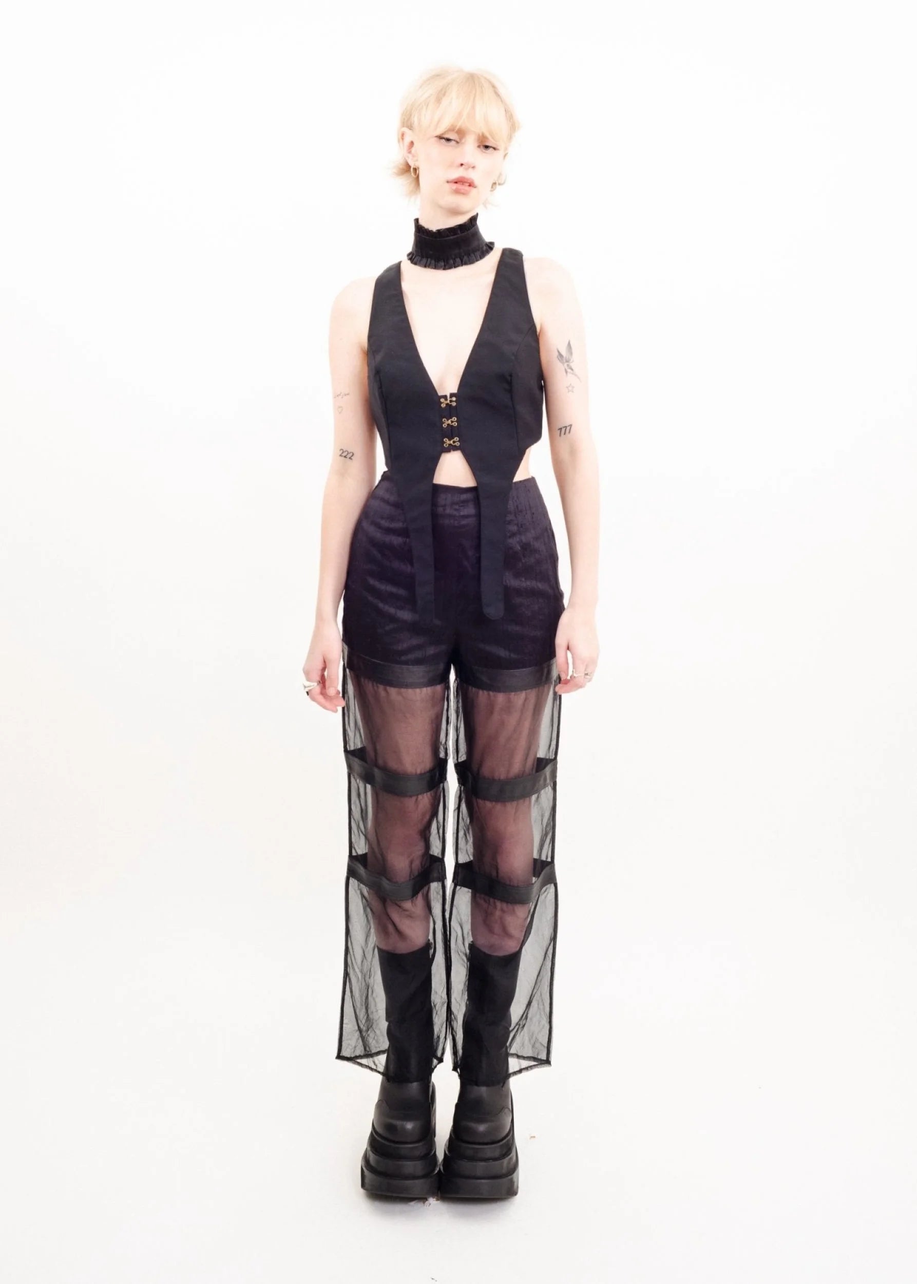 Bizarre Bazaar Sheer wide leg silk pants with leather accents
