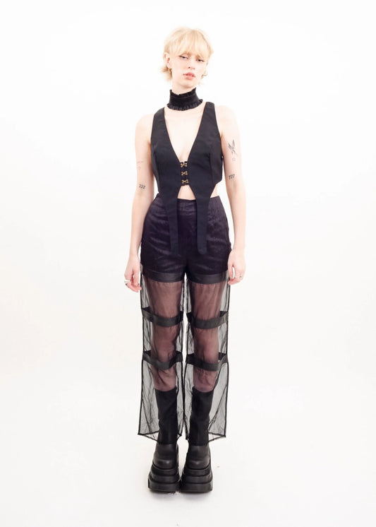 Bizarre Bazaar Sheer wide leg silk pants with leather accents