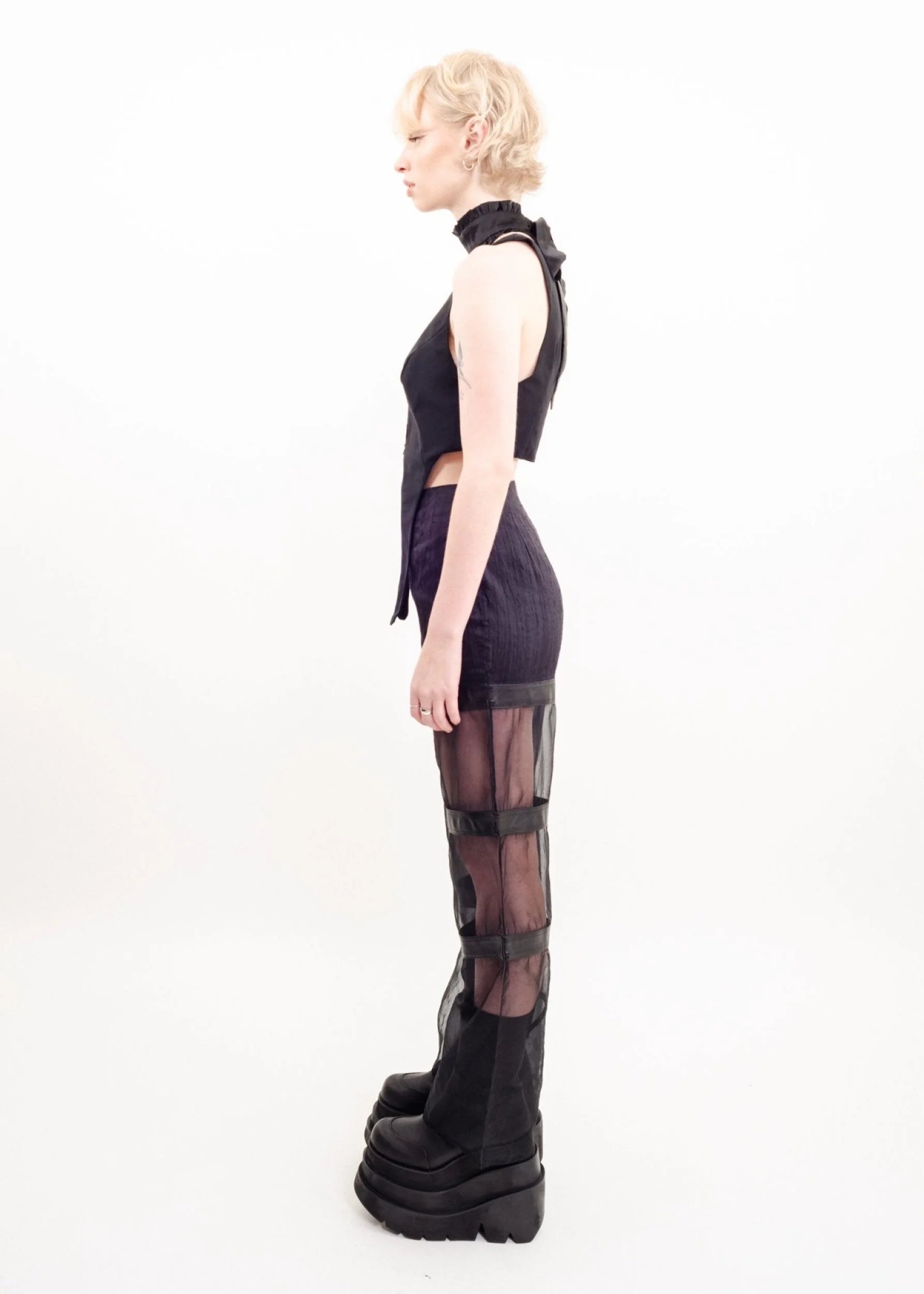 Bizarre Bazaar Sheer wide leg silk pants with leather accents