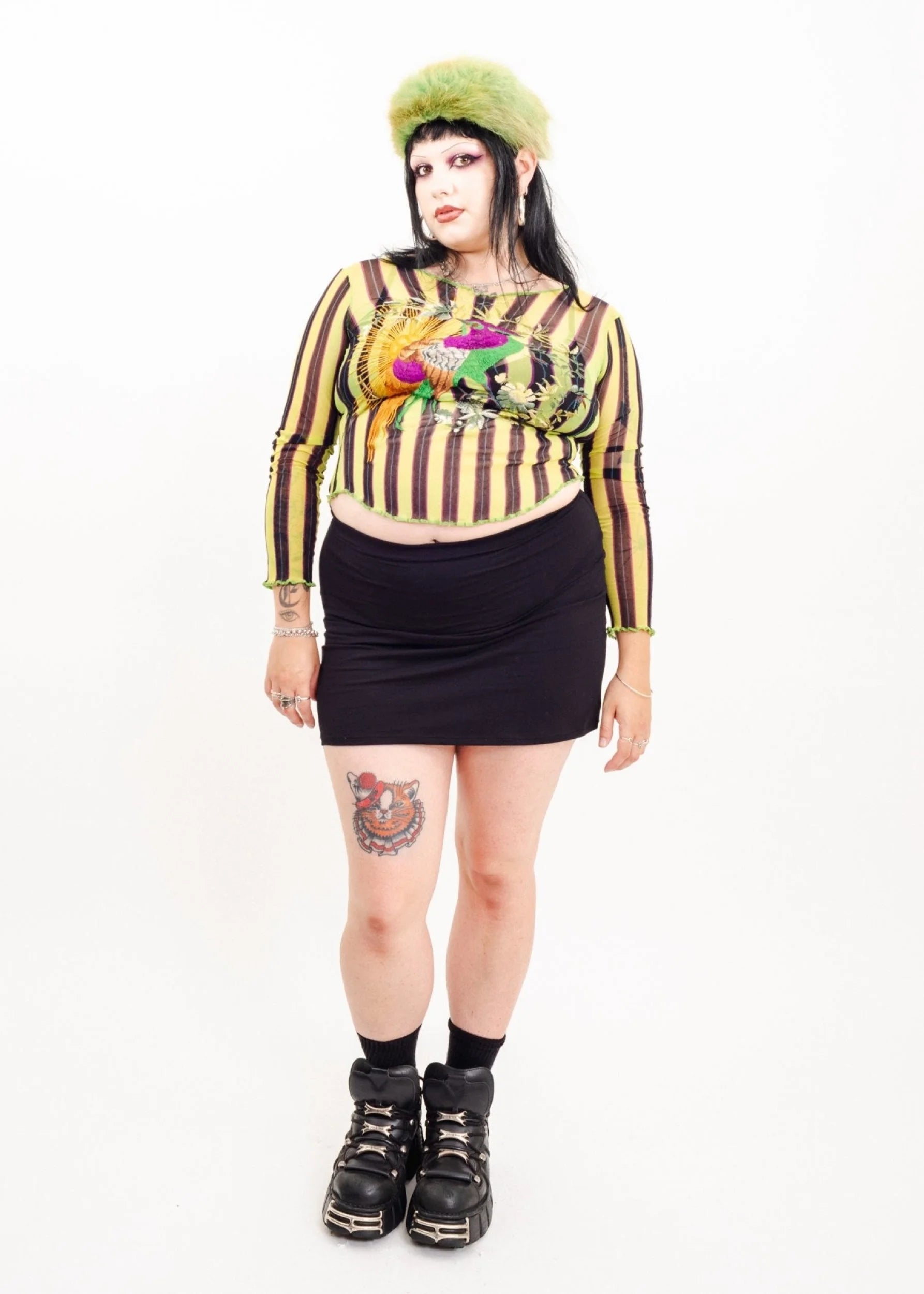 Jean Paul Gaultier Soleil Striped mesh top with parrot embroidery