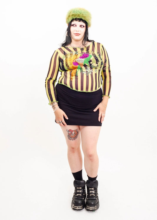 Jean Paul Gaultier Soleil Striped mesh top with parrot embroidery