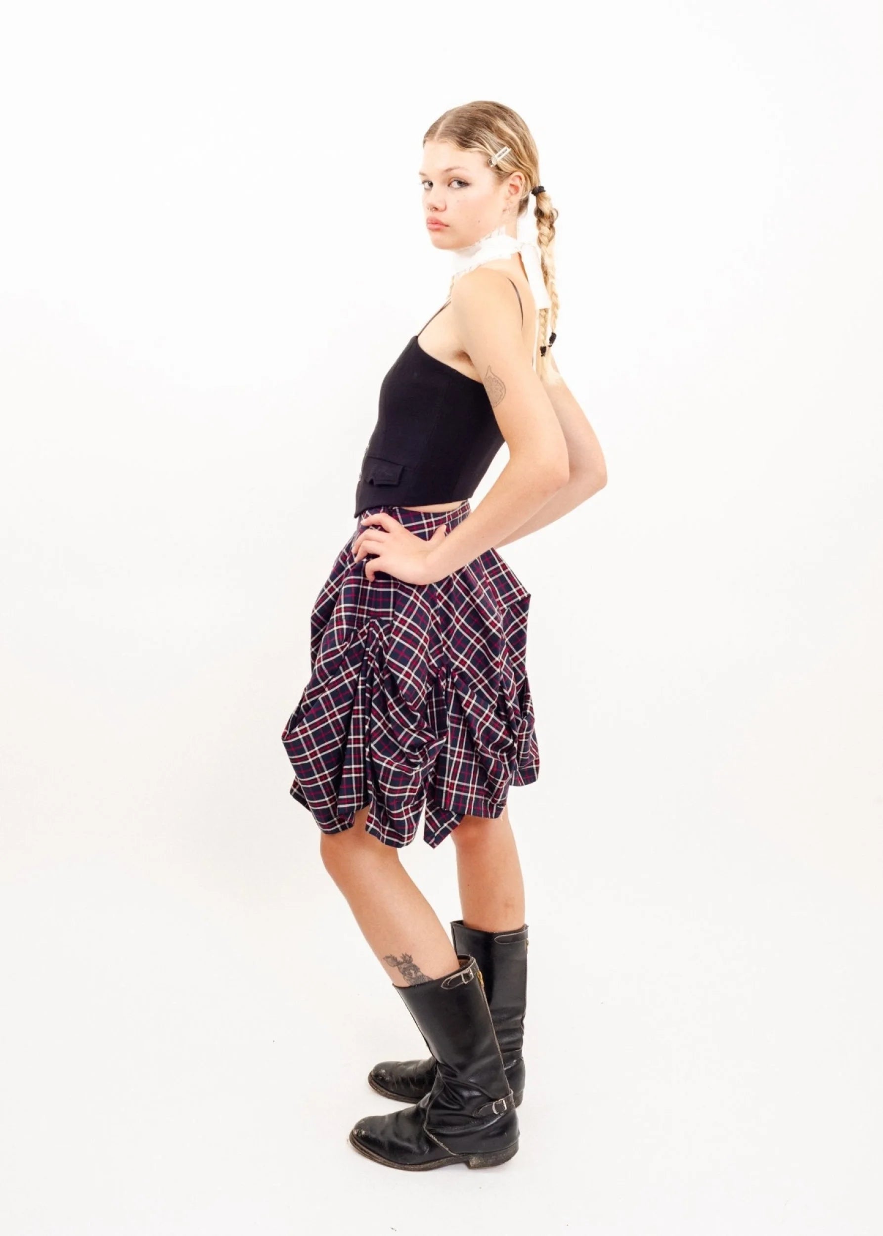 Atsuro Tayama Structured tartan pin tuck skirt