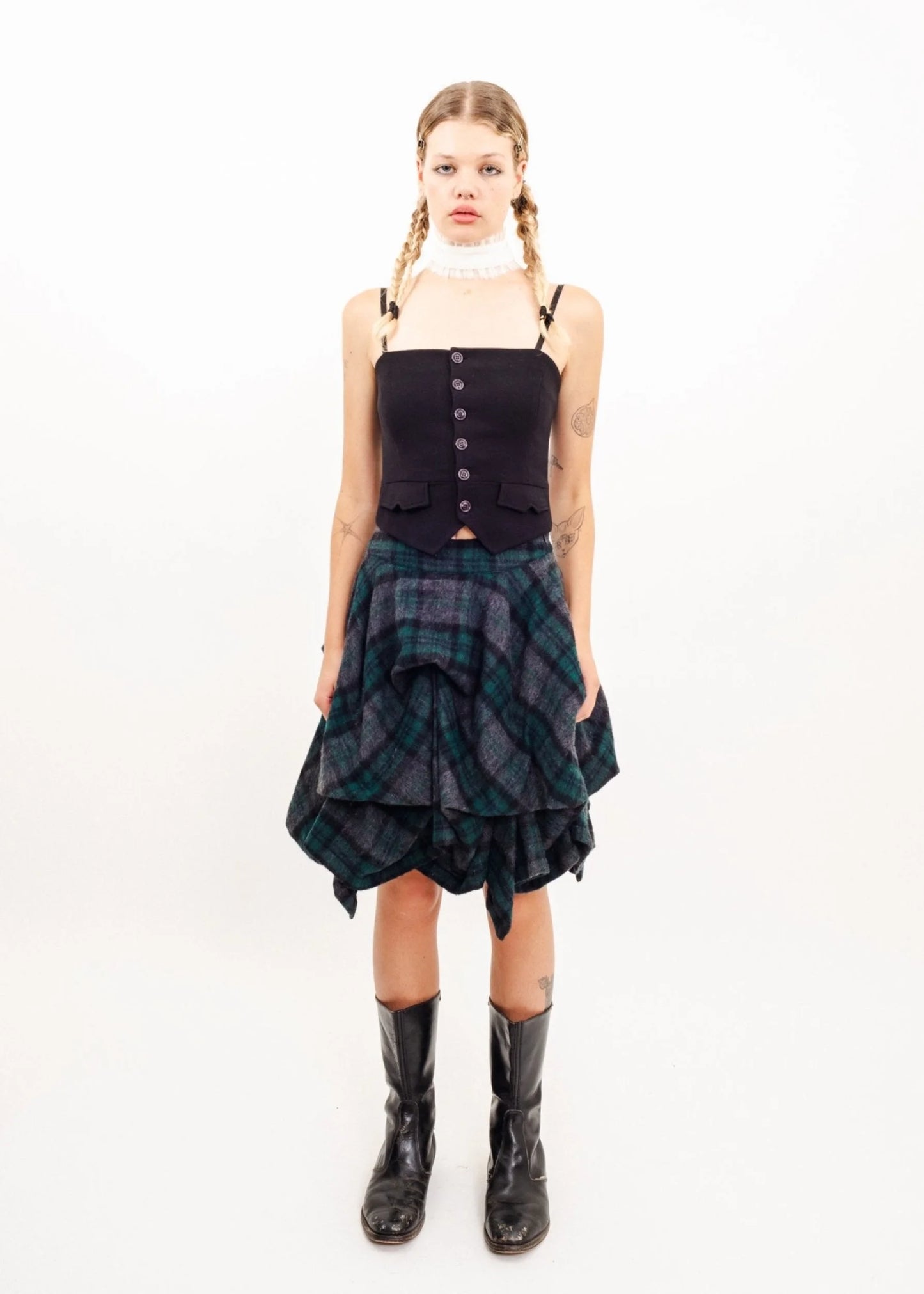 Atsuro Tayama Structured tartan pin tuck skirt