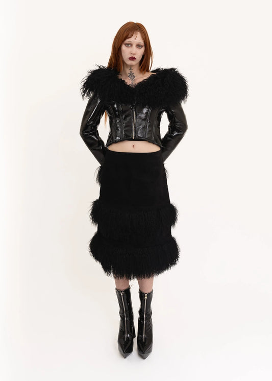 L’equipe Yoshie Inaba Suede skirt with Mongolian sheepskin trim