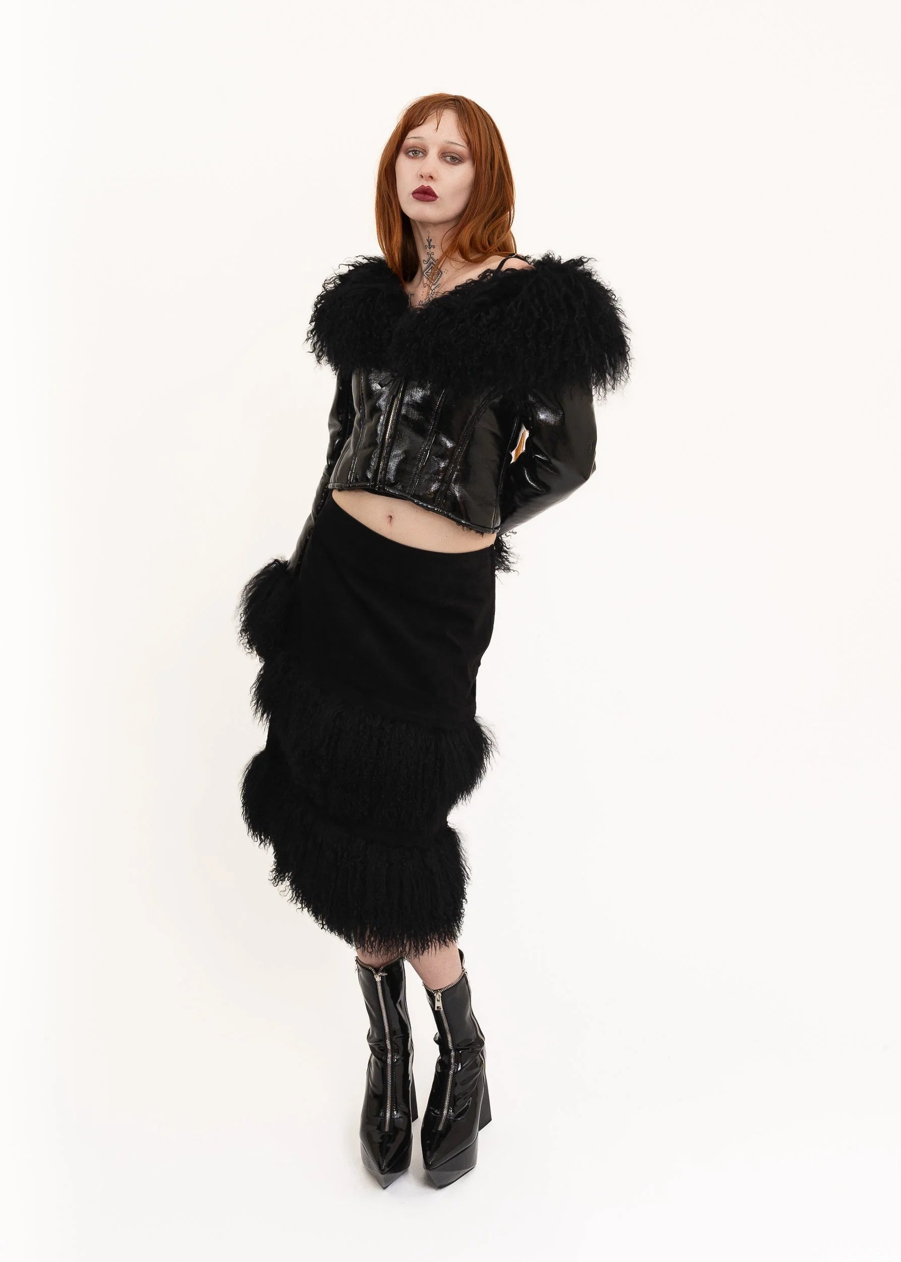 L’equipe Yoshie Inaba Suede skirt with Mongolian sheepskin trim