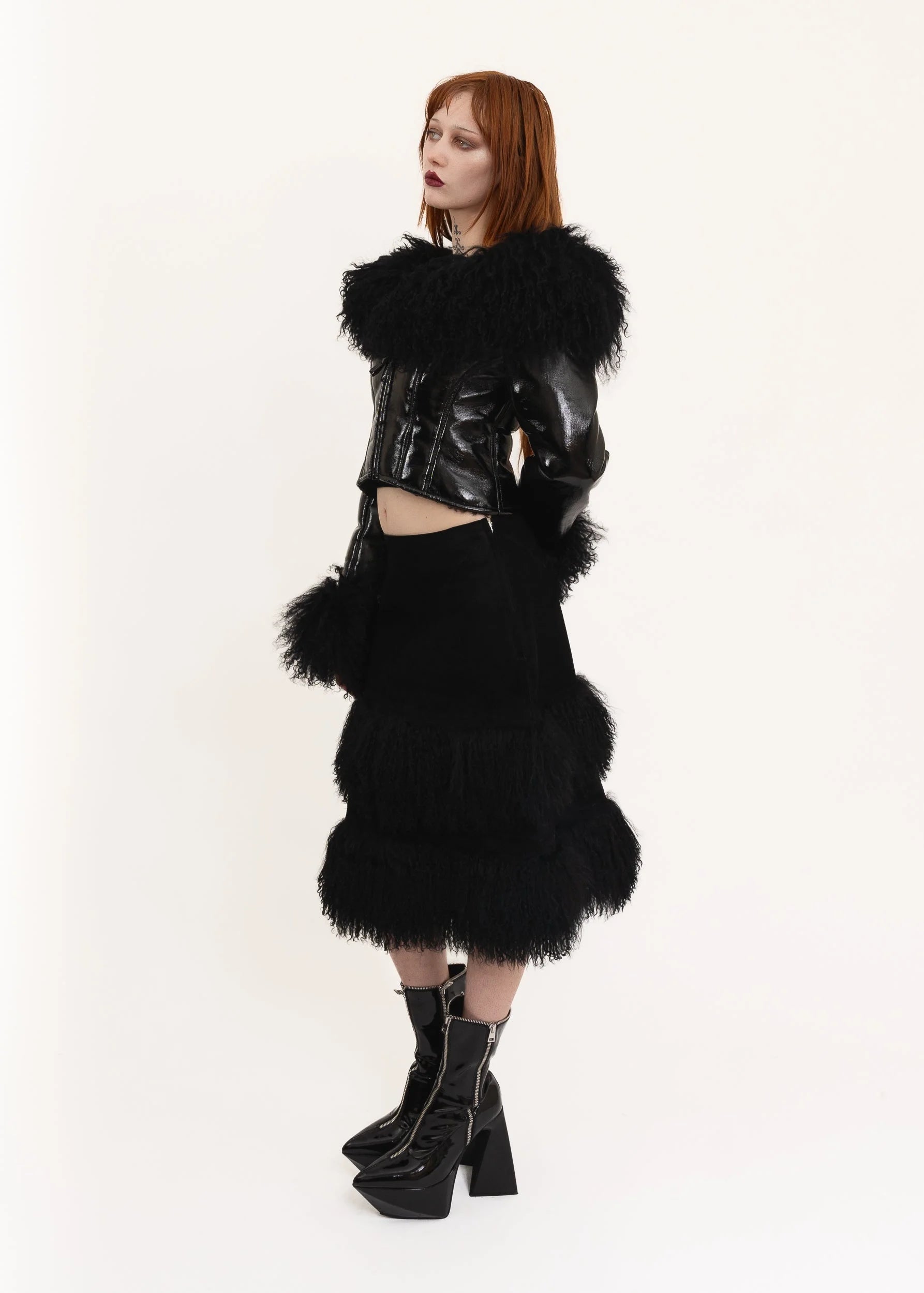 L’equipe Yoshie Inaba Suede skirt with Mongolian sheepskin trim
