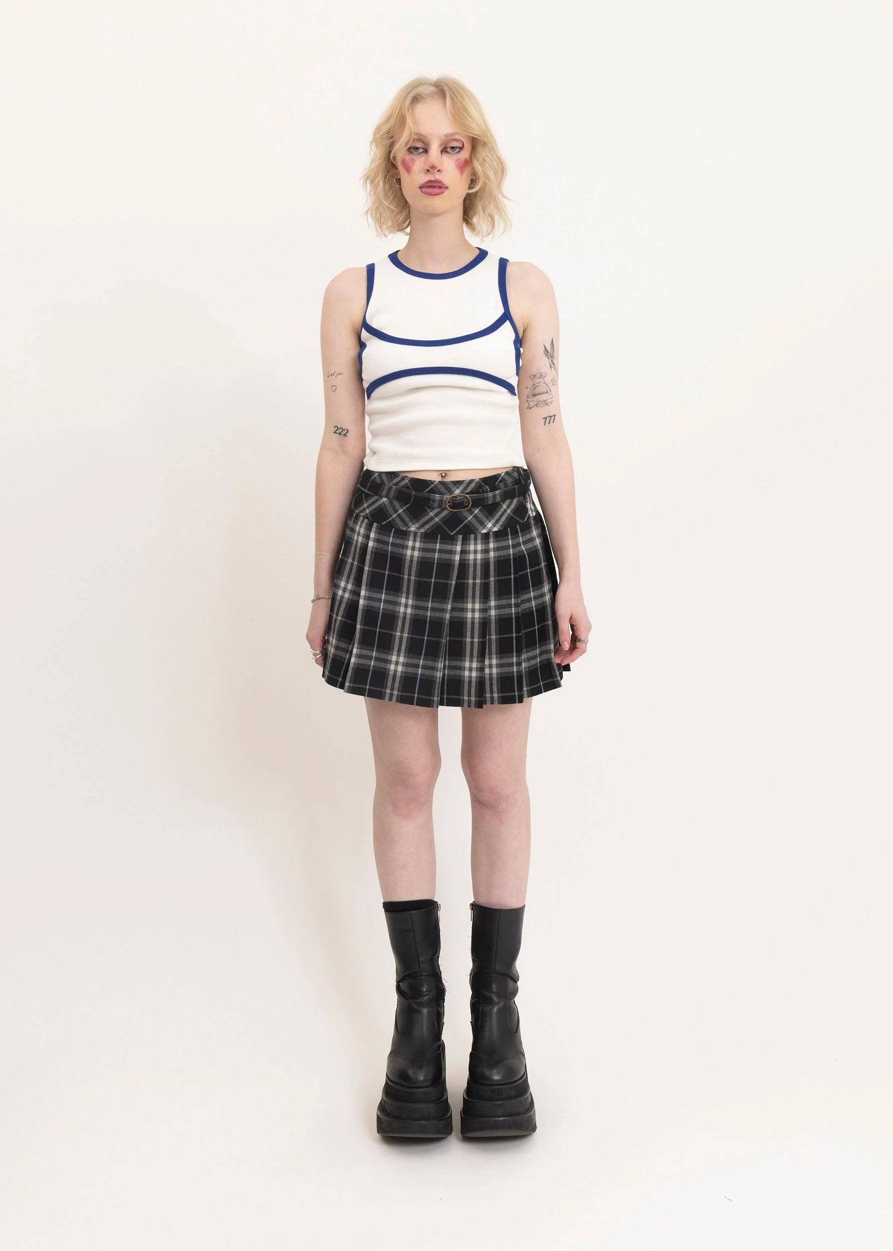 Burberry London Blue Label Tartan wool pleated mini skirt with leather buckles Bizarre Bazaar