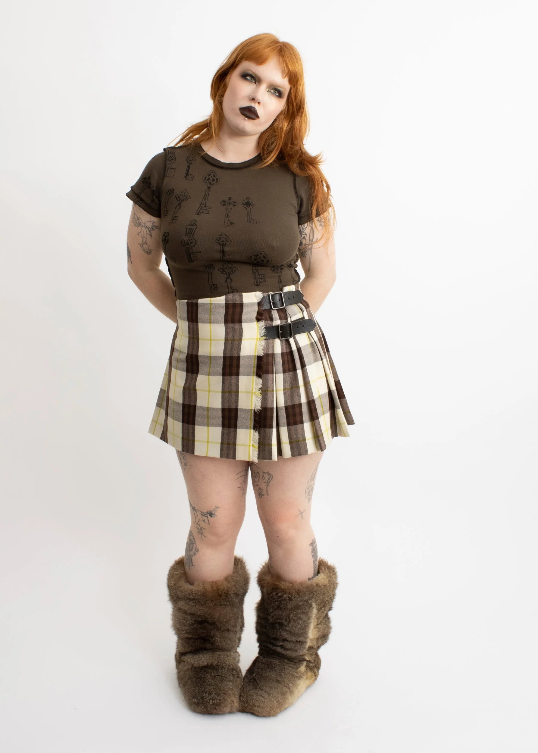 Burberry London Tartan wool pleated mini skirt with leather buckles