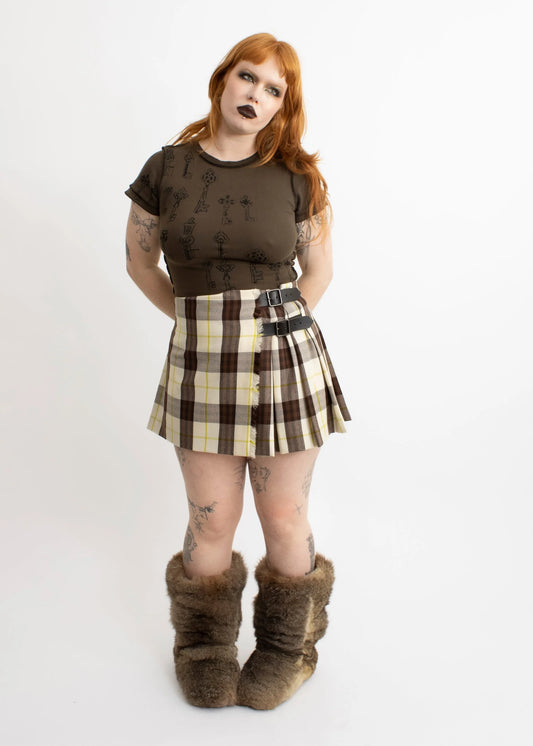 Burberry London Tartan wool pleated mini skirt with leather buckles