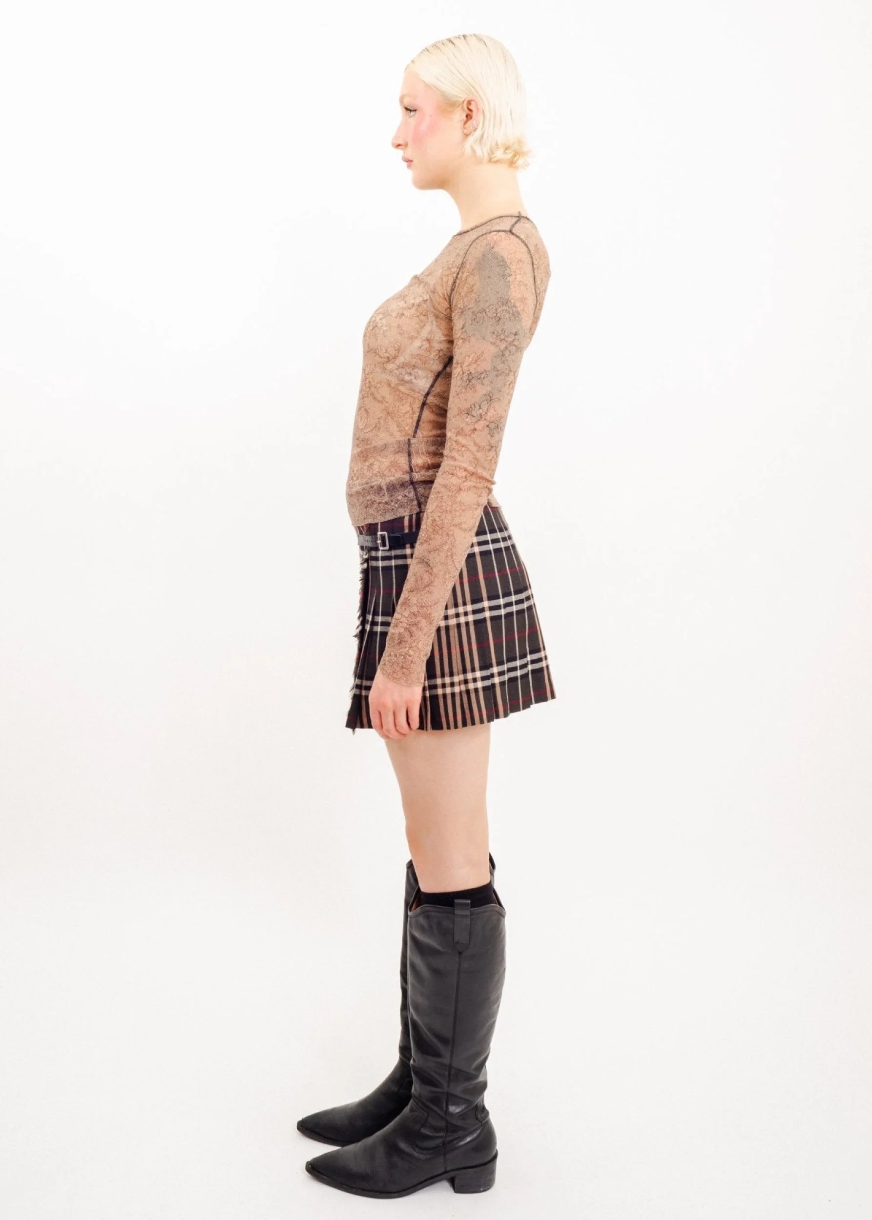 Burberry London Blue Label Tartan wool pleated mini skirt with leather buckles