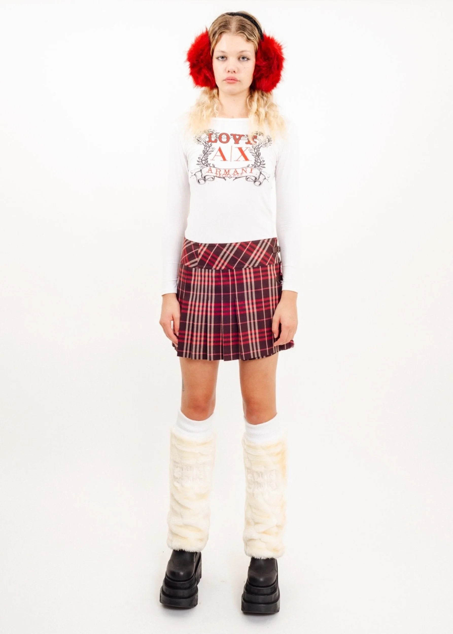 Burberry London Blue Label Tartan wool pleated mini skirt with leather buckles