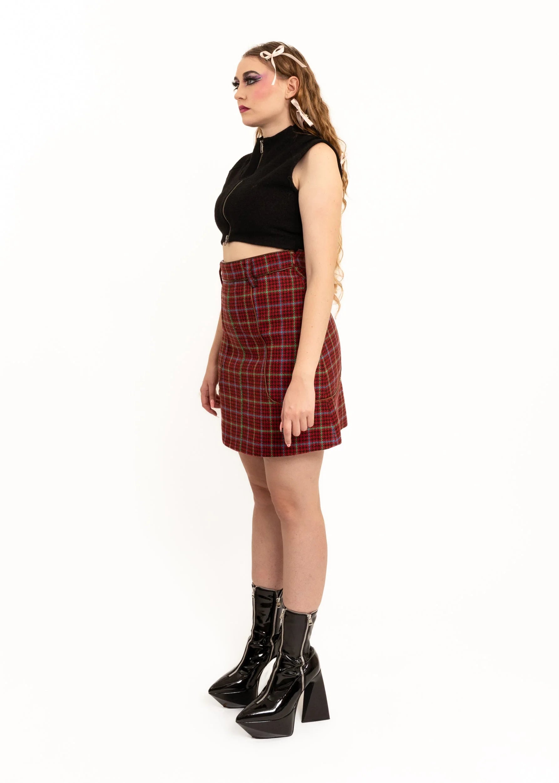 Prada Milano Tartan wool skirt with leather trims