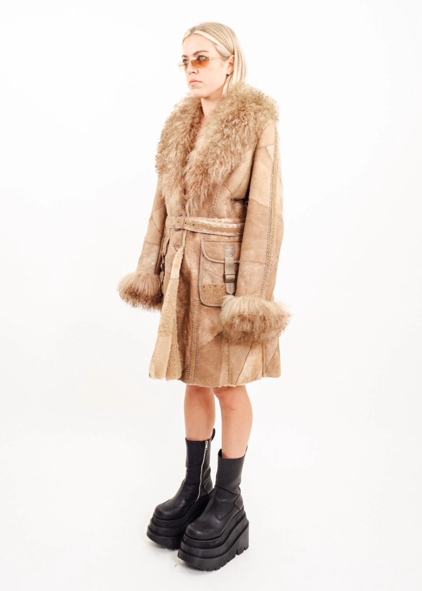Bizarre Bazaar Patchwork leather penny lane coat with Mongolian sheepkin collar and cuffs