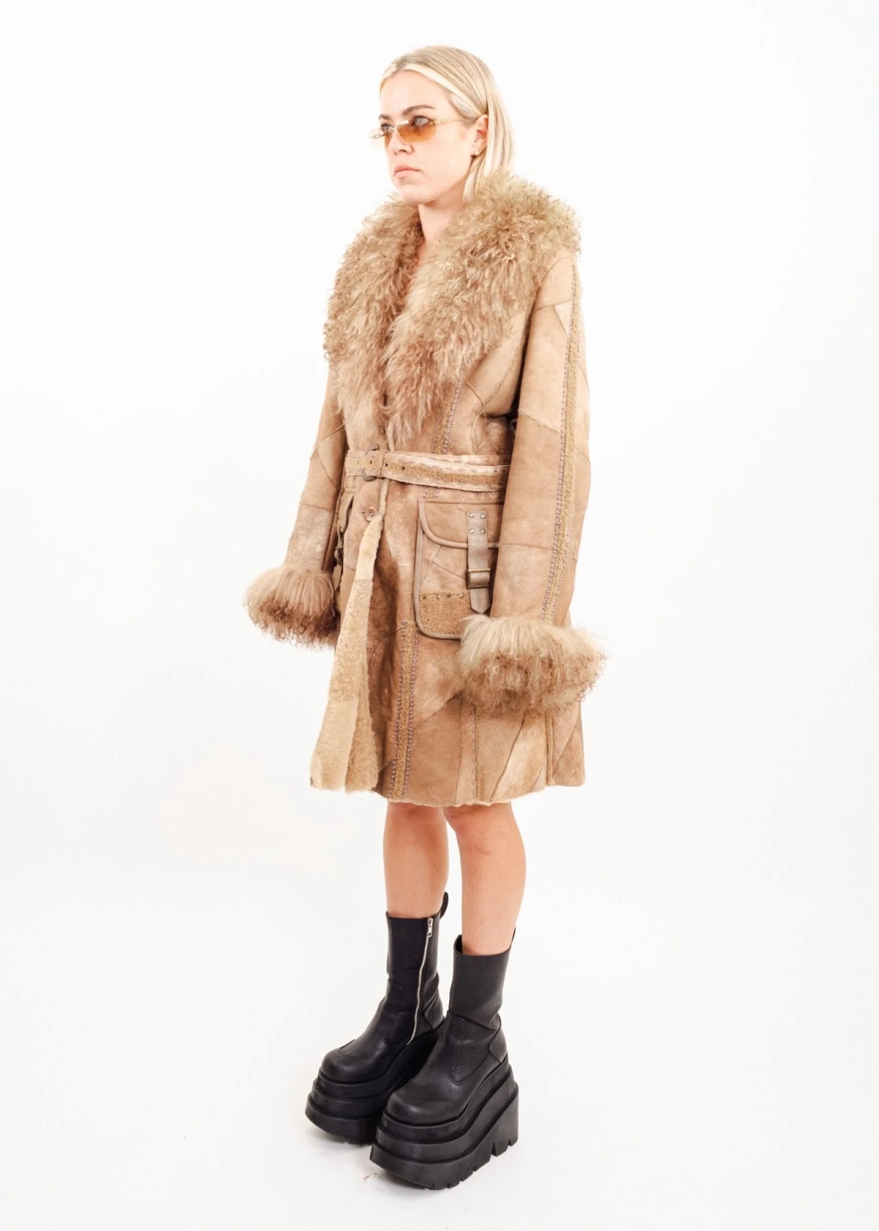 Bizarre Bazaar Patchwork leather penny lane coat with Mongolian sheepkin collar and cuffs
