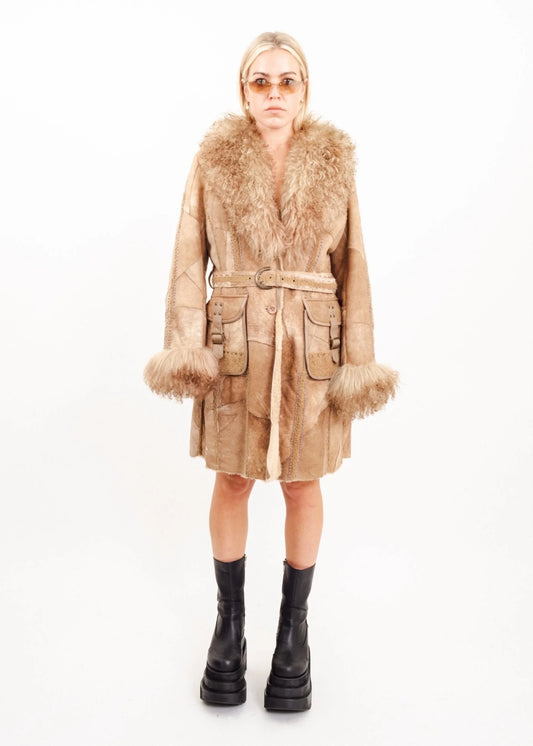 Bizarre Bazaar Patchwork leather penny lane coat with Mongolian sheepkin collar and cuffs