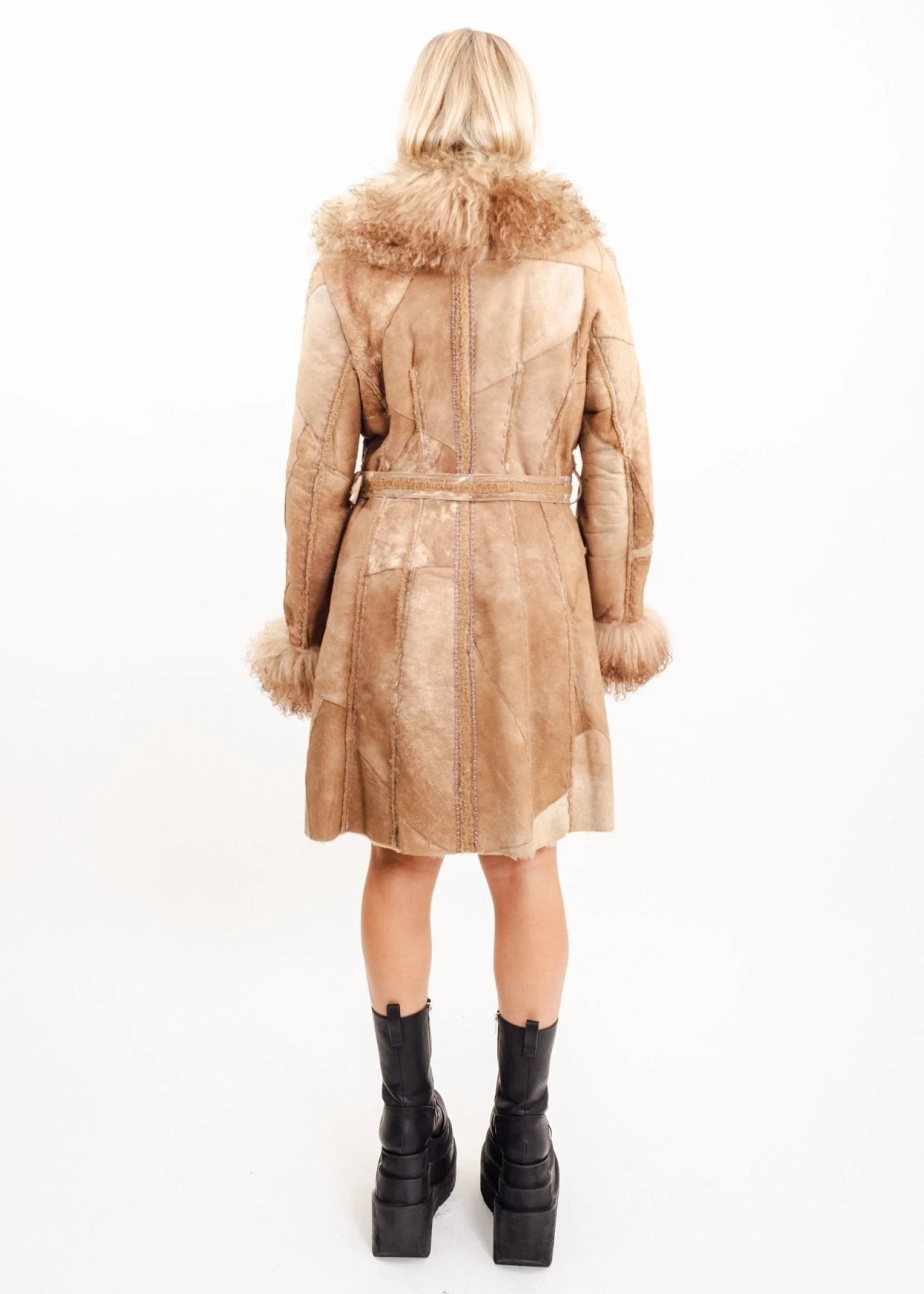 Bizarre Bazaar Patchwork leather penny lane coat with Mongolian sheepkin collar and cuffs