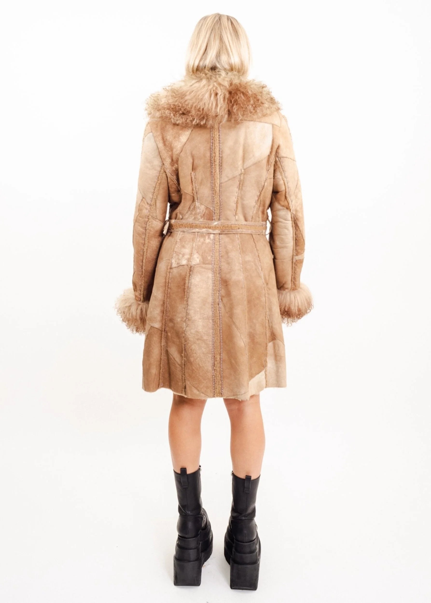 Bizarre Bazaar Patchwork leather penny lane coat with Mongolian sheepkin collar and cuffs
