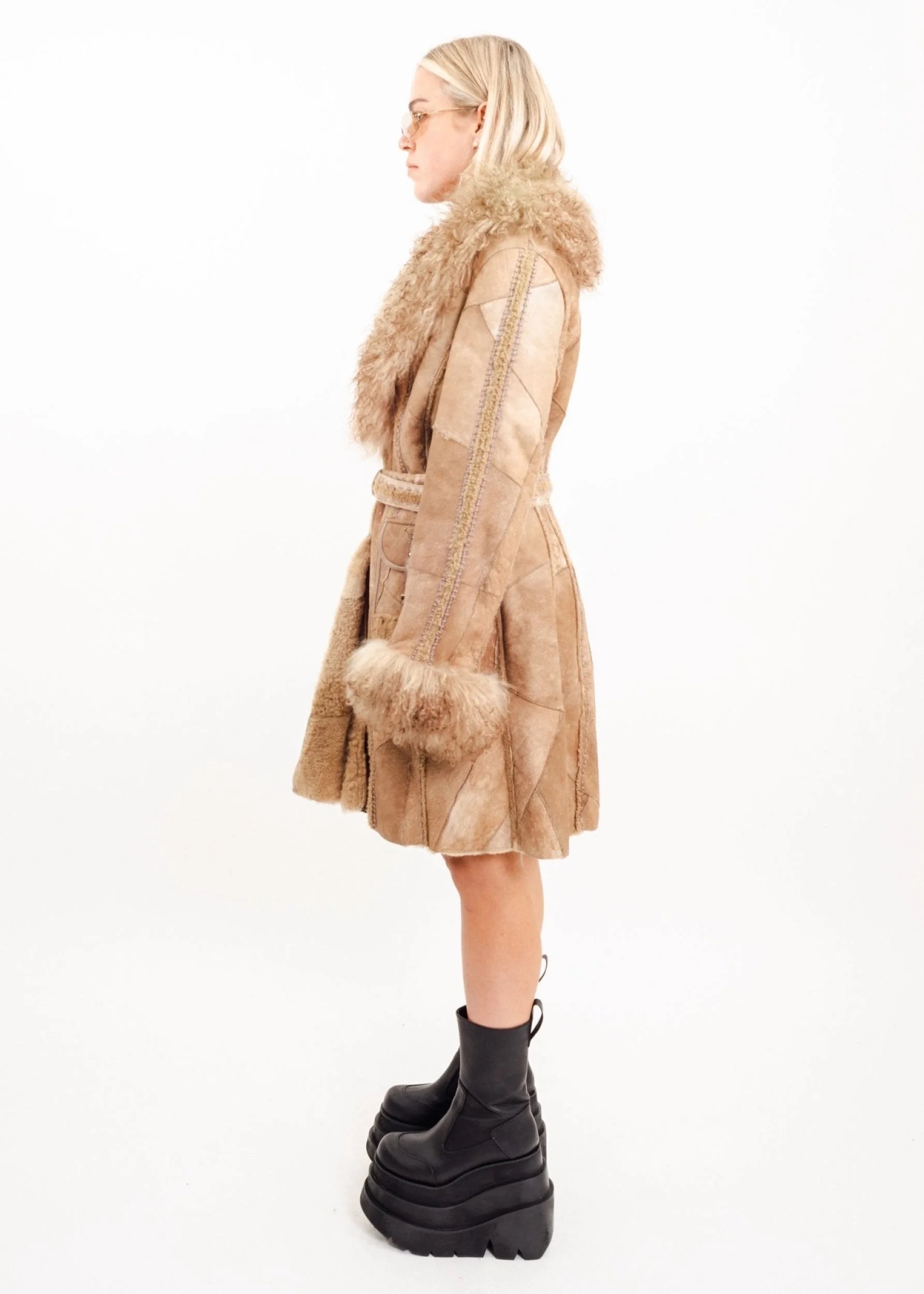 Bizarre Bazaar Patchwork leather penny lane coat with Mongolian sheepkin collar and cuffs