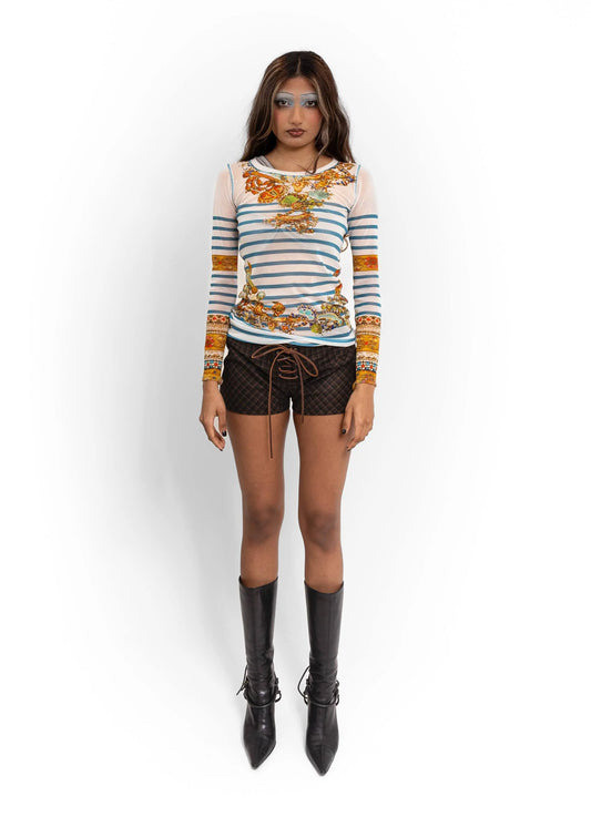 Jean Paul Gaultier Soleil Mariniere stripe baroque print print mesh top