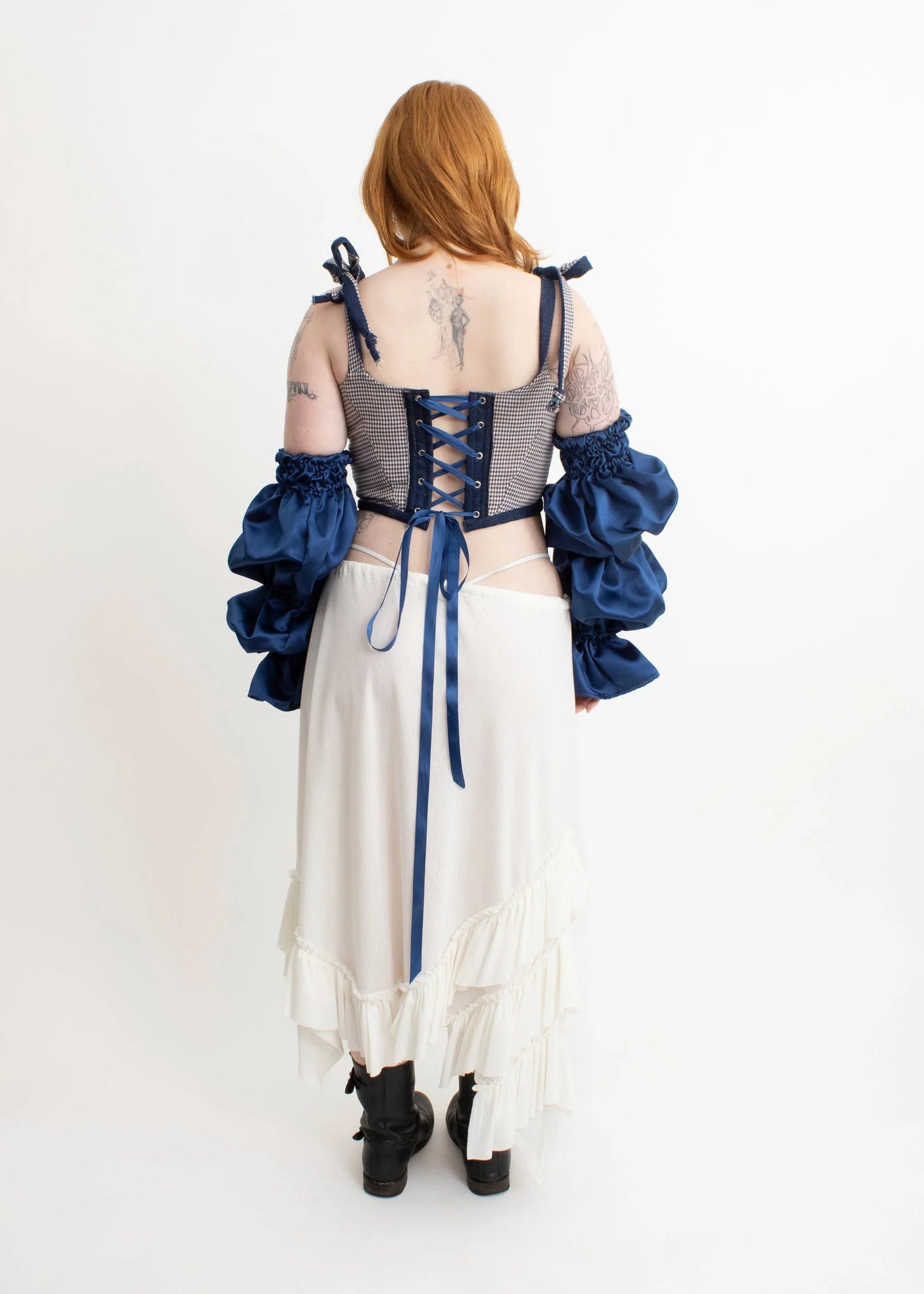 Pippin’s Apparel Vivienne reversible denim/ gingham corset
