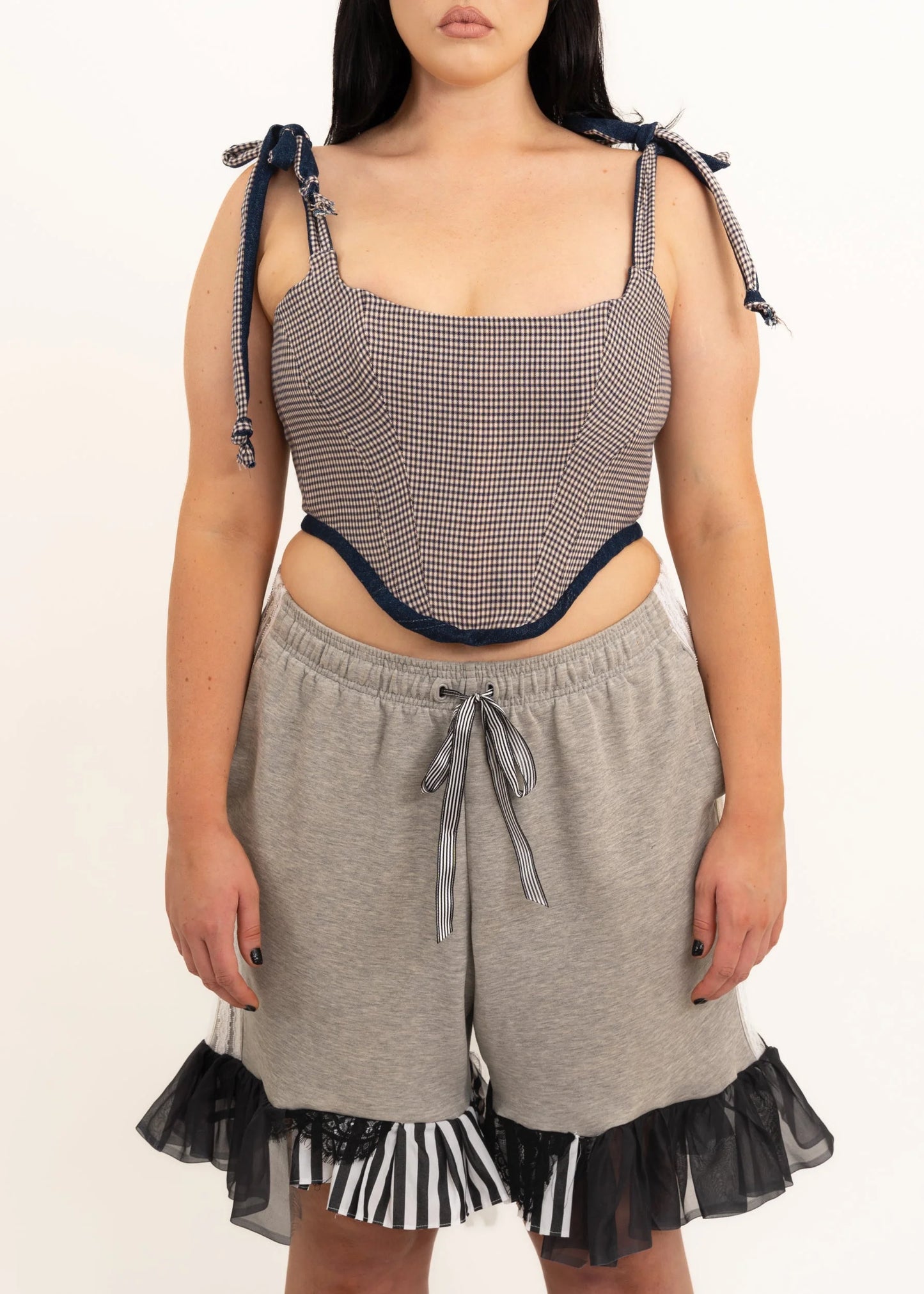 Pippin’s Apparel Vivienne reversible denim/ gingham corset