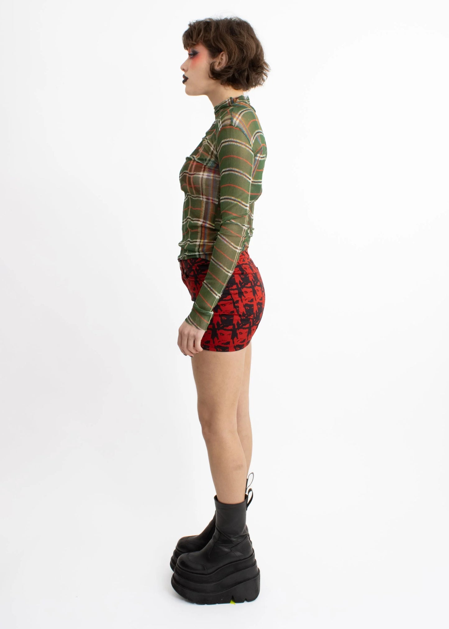 Jimmy D Warped tartan print silk mesh top