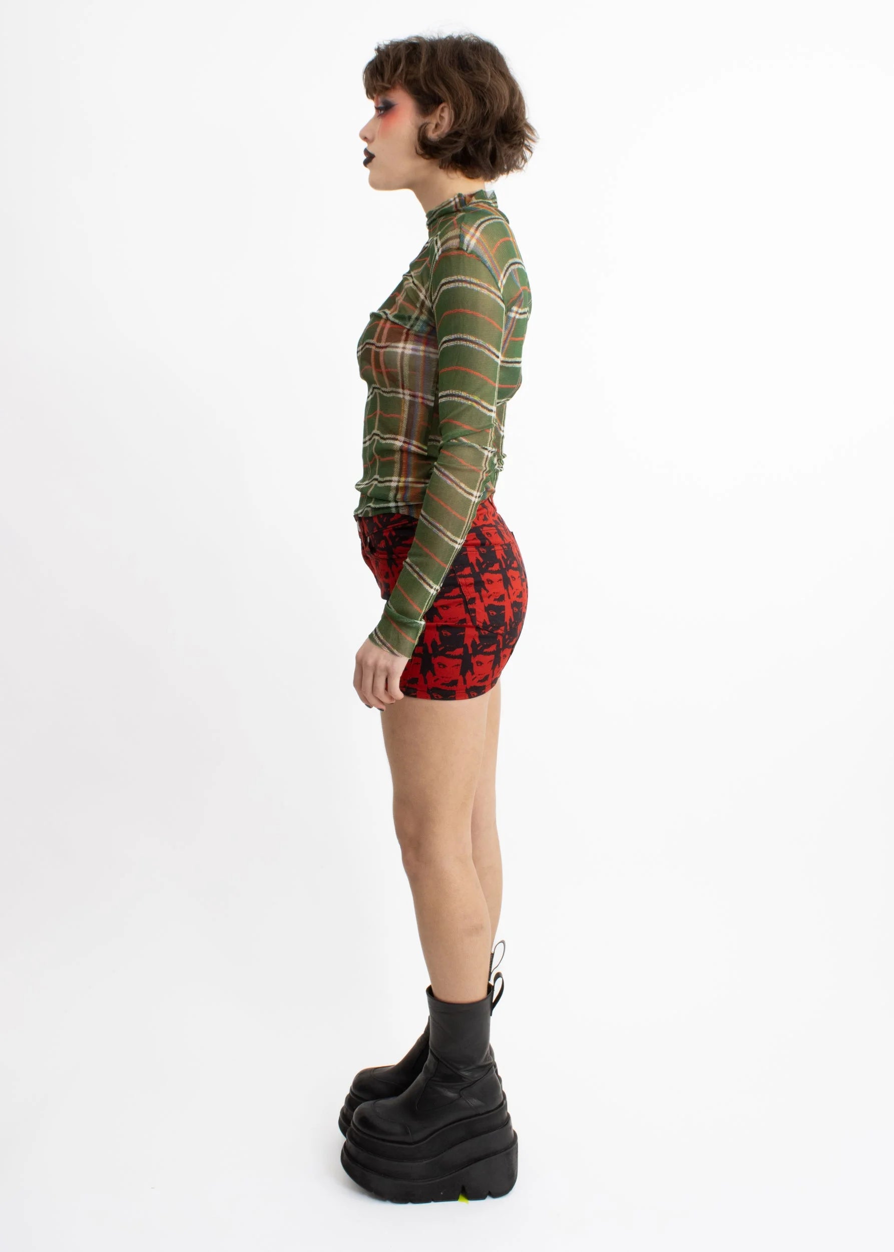 Jimmy D Warped tartan print silk mesh top