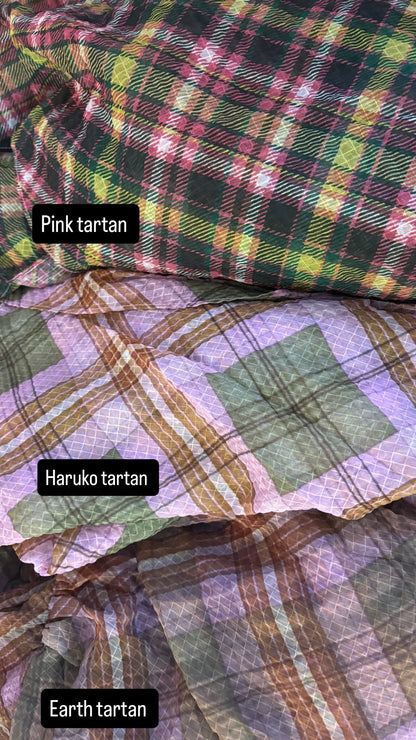 Plaid puff chiffon asymmetric dress- Earth Tartan