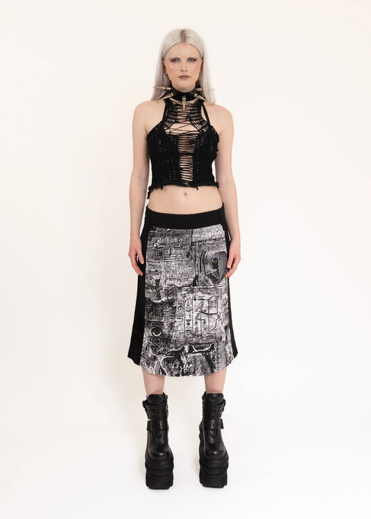 Virus 90s vintage hieroglyphic print midi skirt