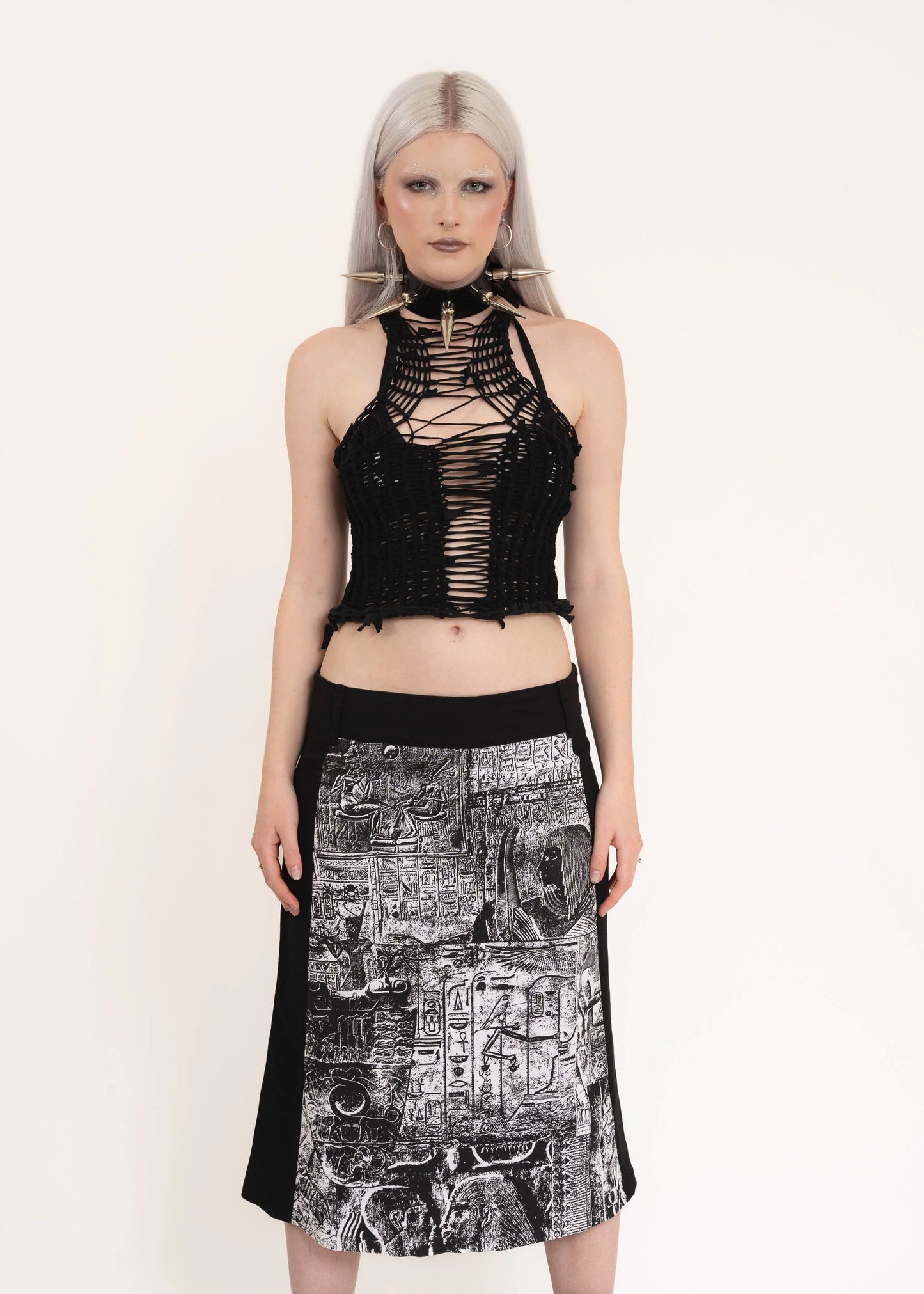 Virus 90s vintage hieroglyphic print midi skirt