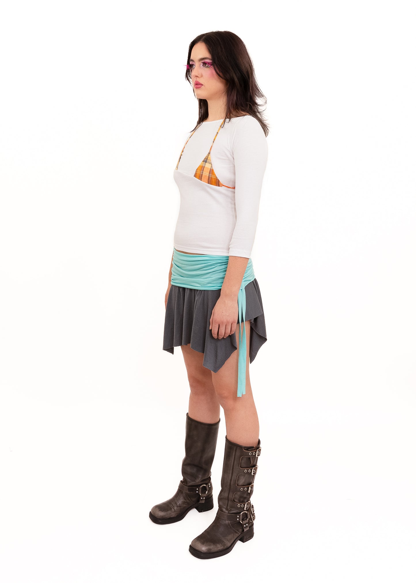 Off Cut Boat Neck Tee- white/ orange tartan
