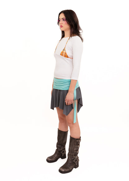 Off Cut Boat Neck Tee- white/ orange tartan